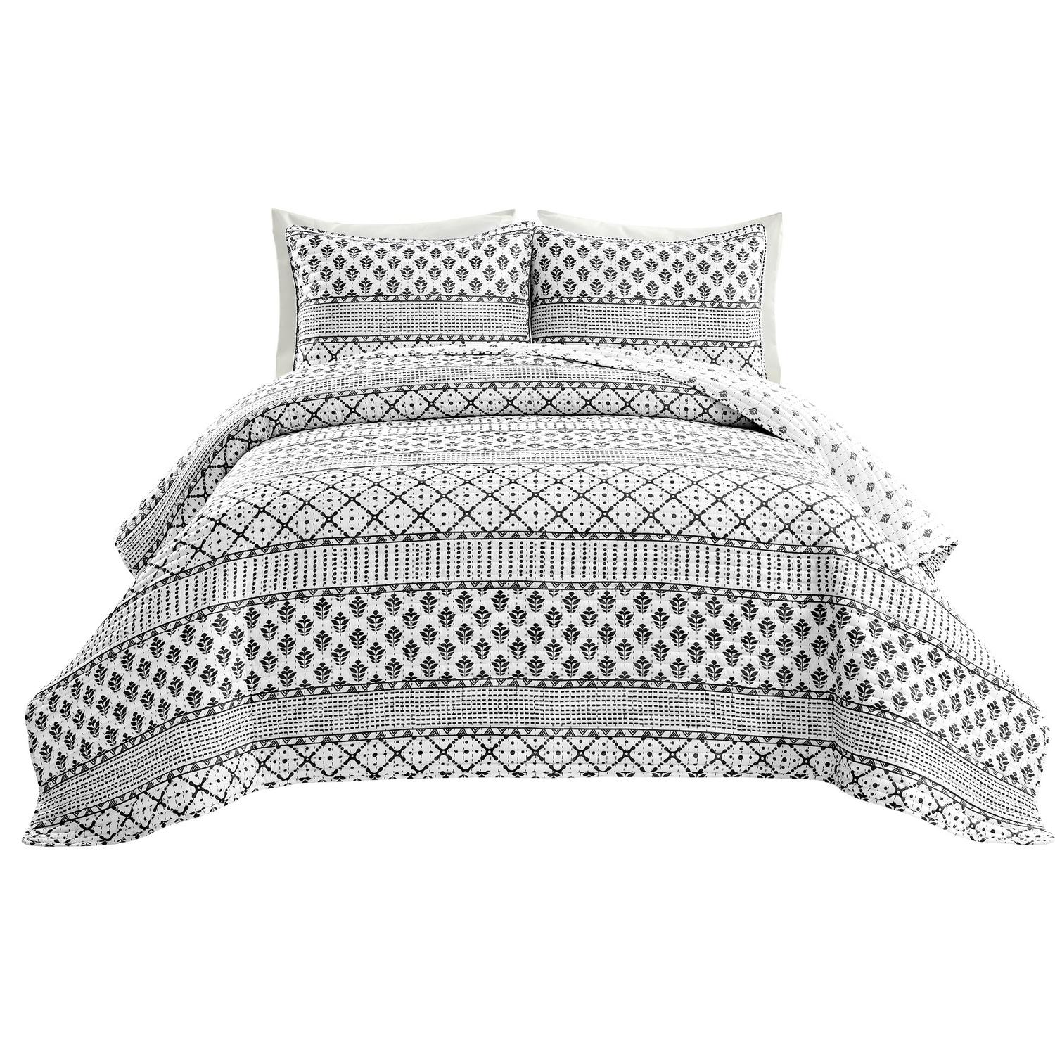 Full Queen 3pc Monique Stripe Quilt Set Black/White - Lush Décor: Microfiber, Reversible, Machine Washable