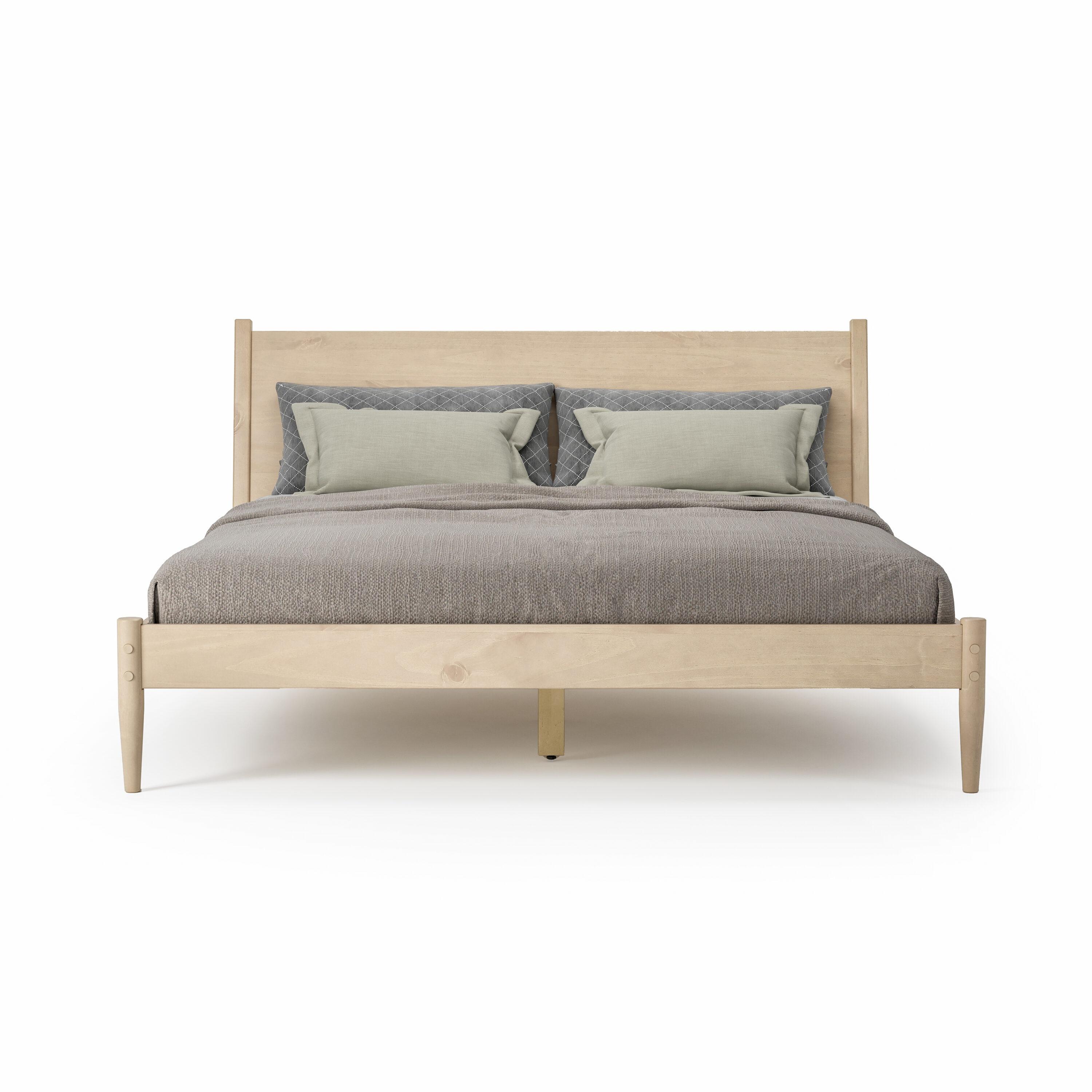 Mid-Century Light Oak King Pine Wood Upholstered Platform Bed