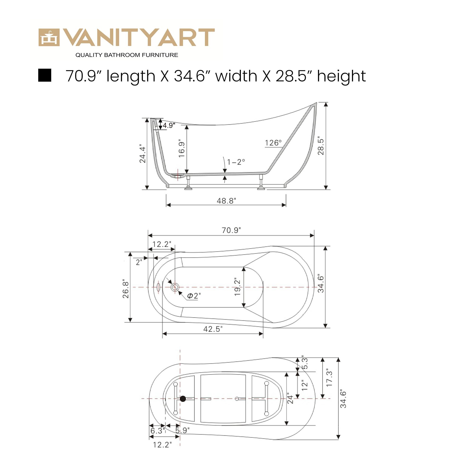 Vanity Art 71" x 34" Acrylic Freestanding Bathtub Contemporary Soaking Tub with Overflow and Pop-Up Drain, VA6512-L