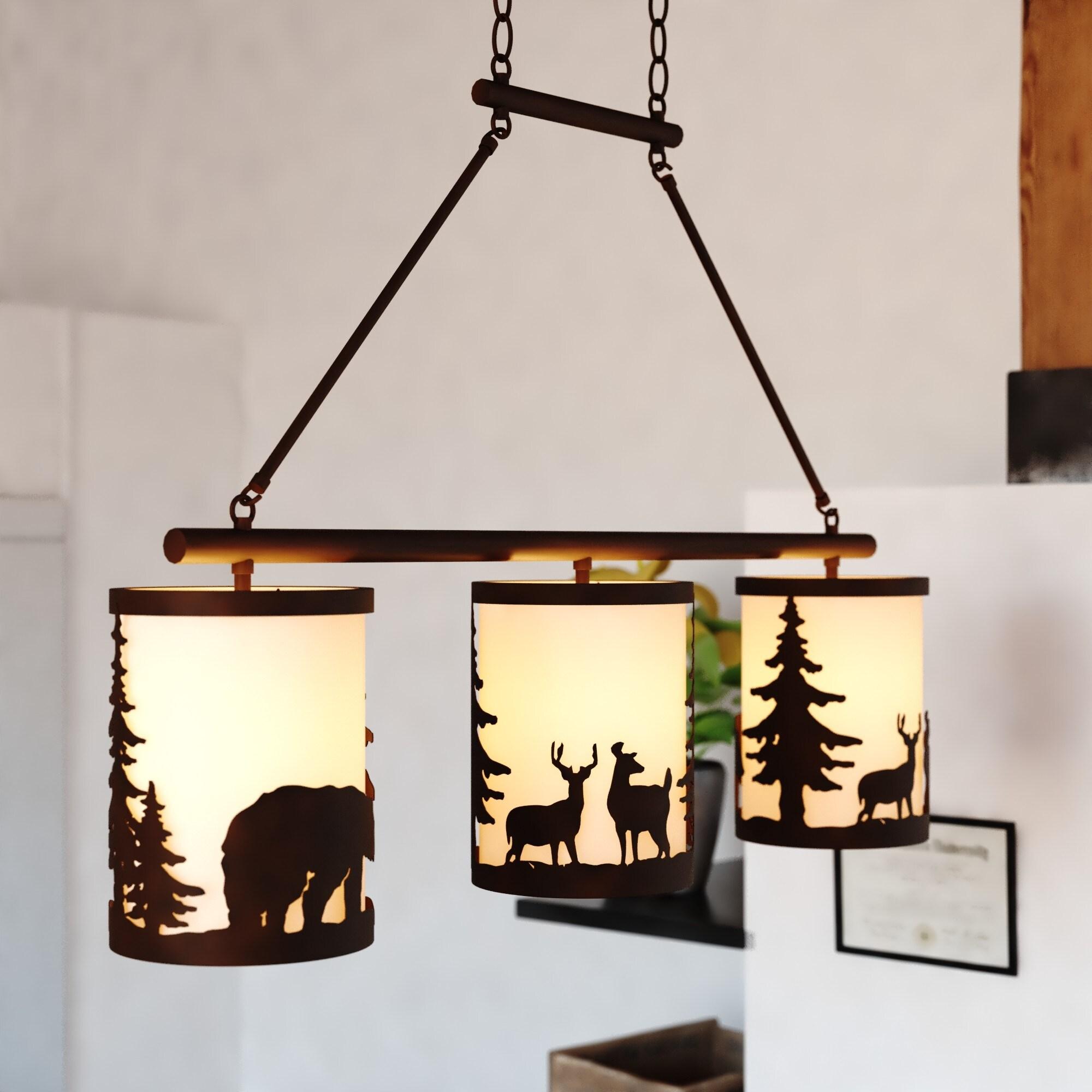 VAXCEL Acadia 3L Bronze Rustic Linear Chandelier Island Pendant Light Fixture Bear and Tree