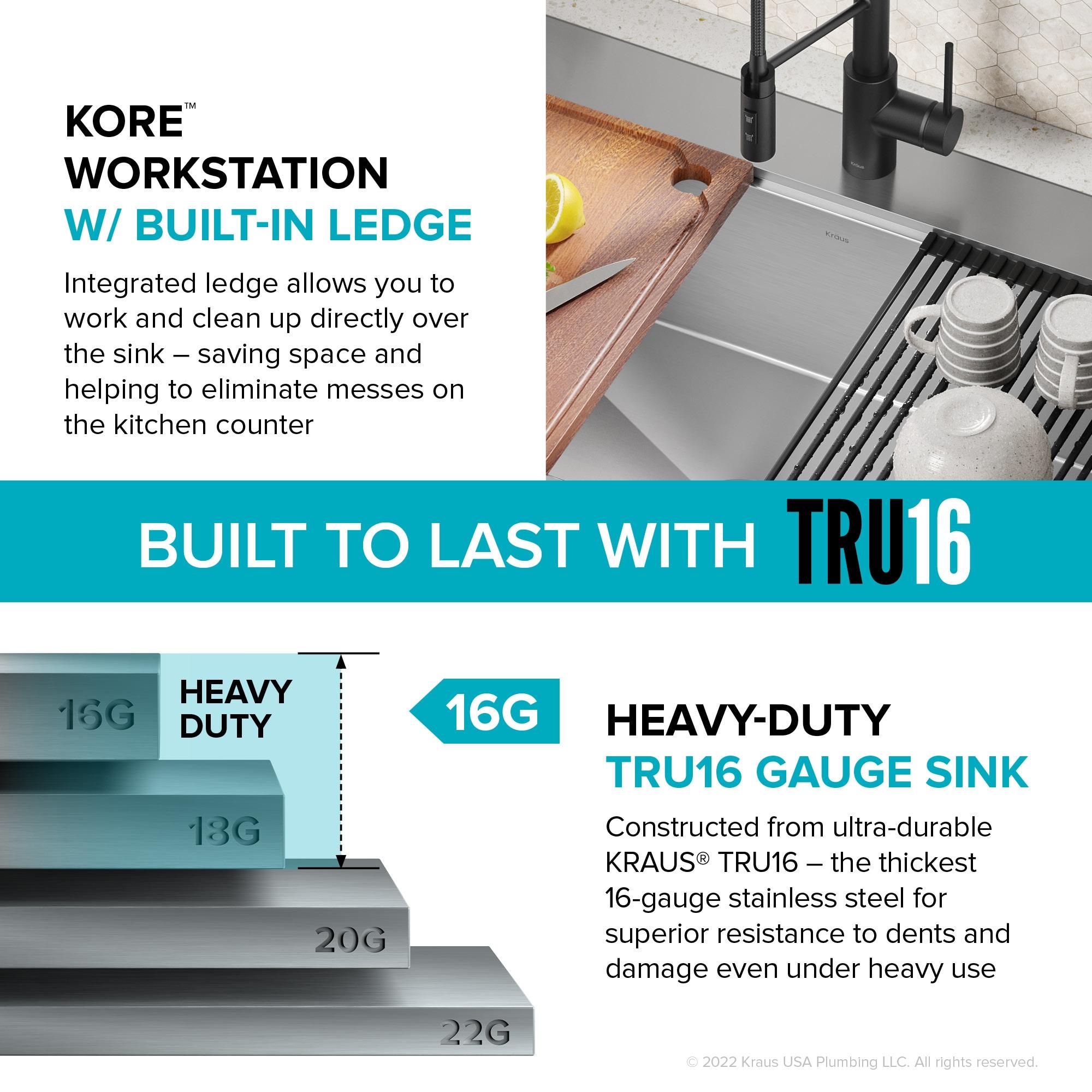 KRAUS Kore™ Workstation Drop-In 16 Gauge Single Bowl Stainless Steel Kitchen Sink