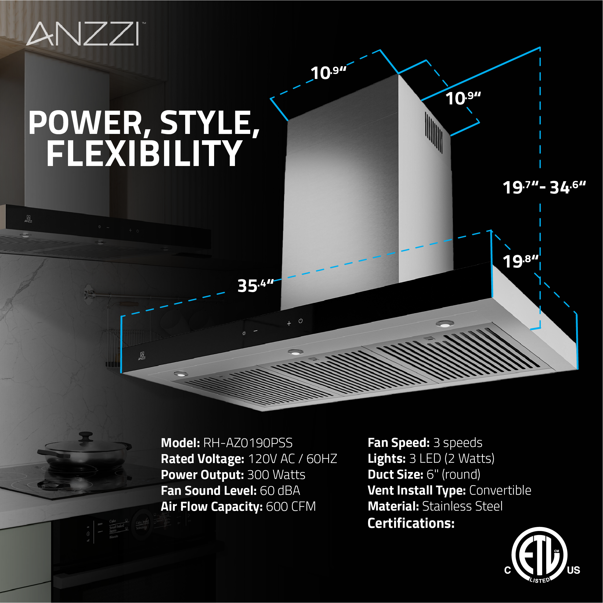 36" Stainless Steel Wall Mount Range Hood With Gesture Sensing & Touch Control Panel, 600 CFM Power, And Dual LED Lights