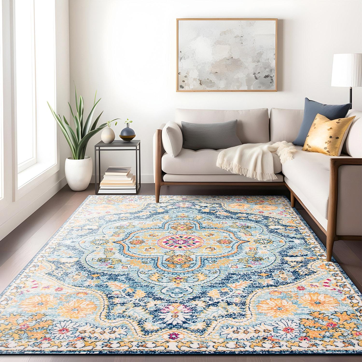 World Rug Gallery Distressed Vintage Bohemian Navy 5' x 7' Area Rug:  Medallion Pattern,  Pet Friendly,  Stain-Resistant,  Low Pile