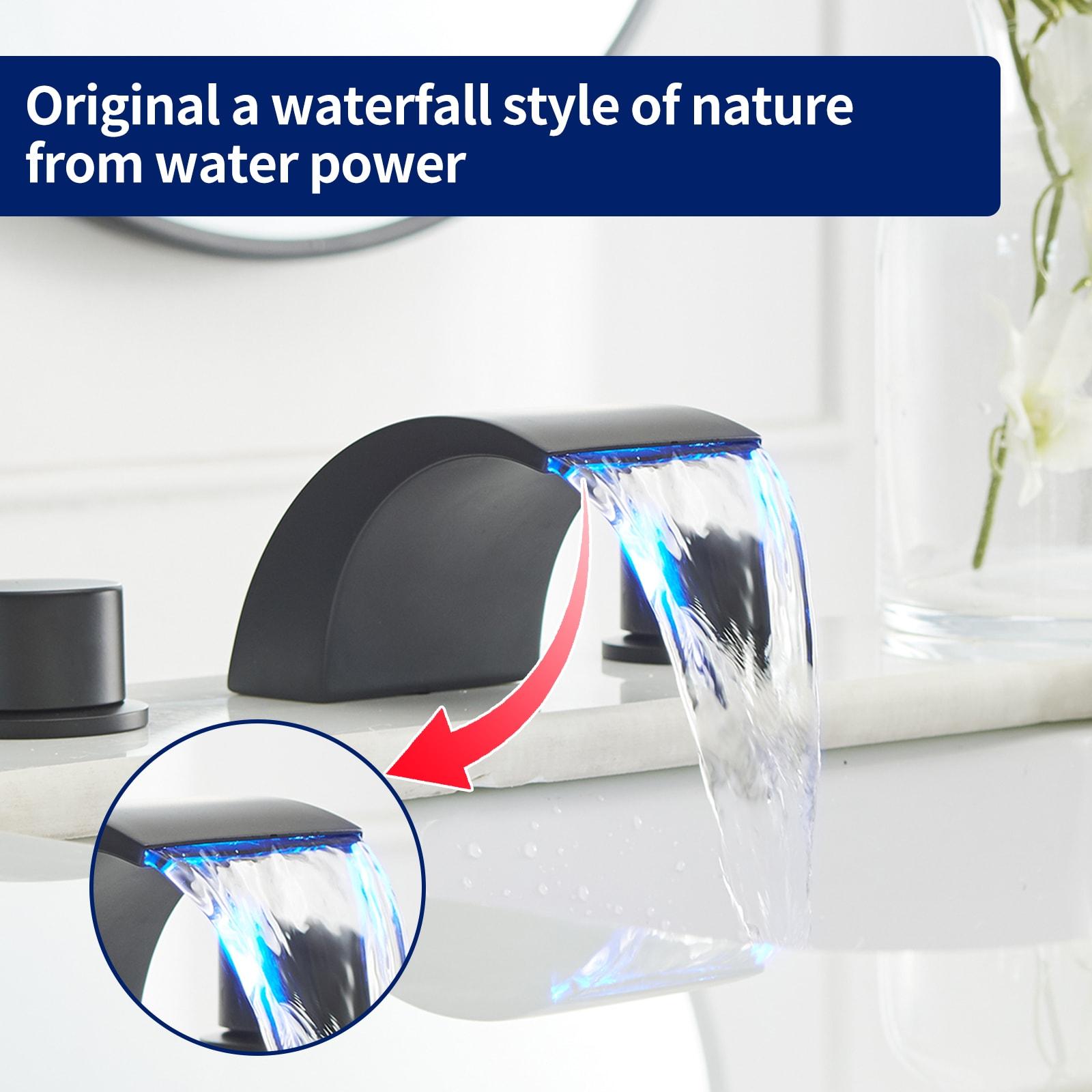 BWE 8 in. Widespread Waterfall Double Handle Three Holes Bathroom Faucet With Led Light in Black