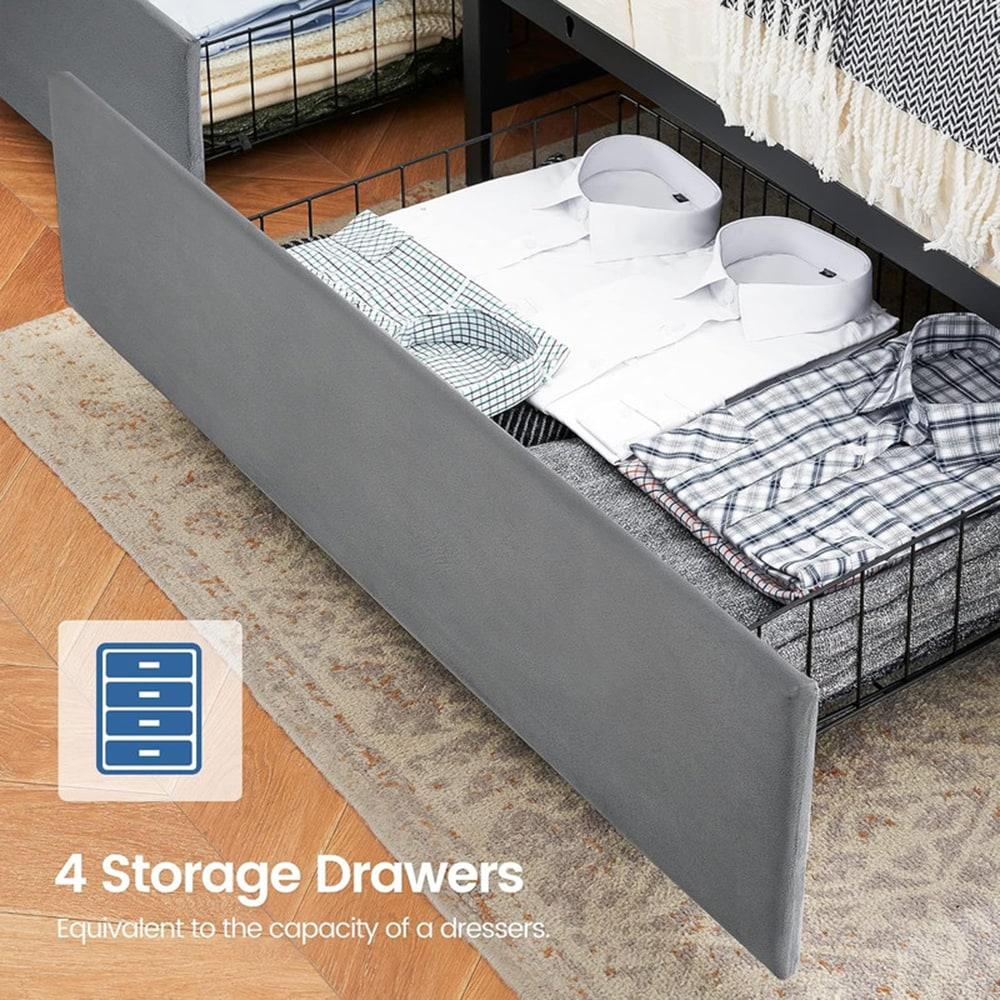 GarveeHome Full Size Bed Frame with 4 Storage Drawers and Charging Station, Upholstered Velvet Platform Bed Frame with Storage Headboard and Sturdy Wooden Slats Support, No Box Spring Needed
