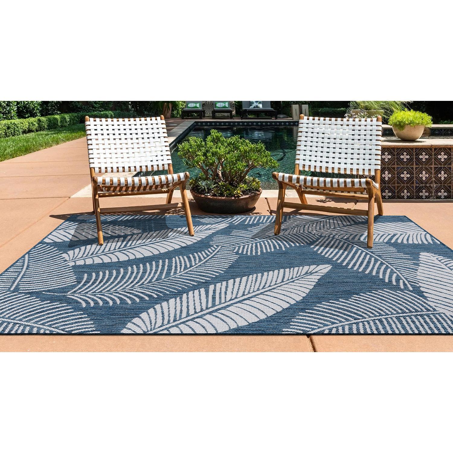 World Rug Gallery Distressed Palm Leaves Textured Flat Weave Indoor/Outdoor Area Rug - NAVY 7'10"X10'