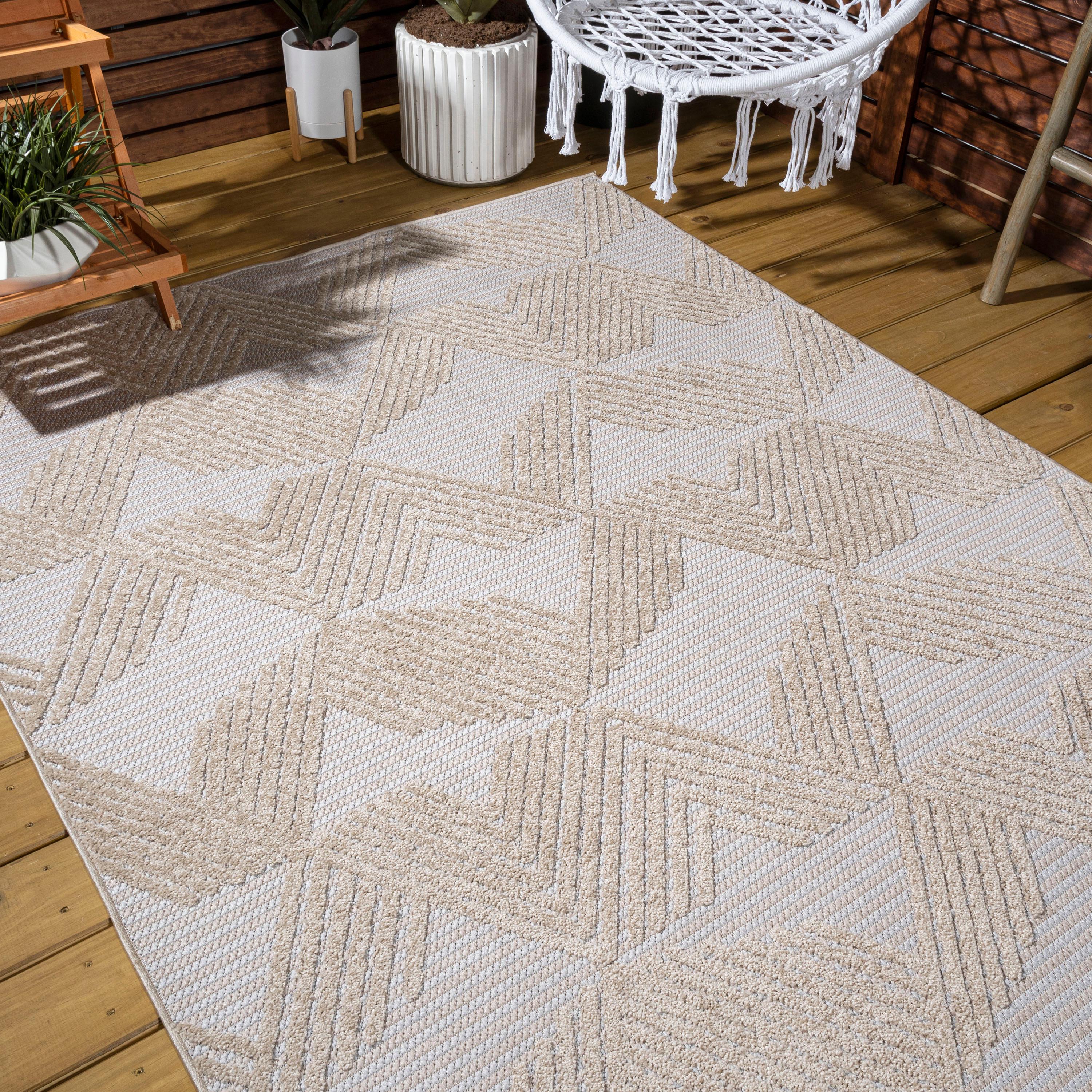 8'x10' Jazz High-Low Pile Art Deco Geometric Indoor/Outdoor Area Rug, Beige - JONATHAN Y
