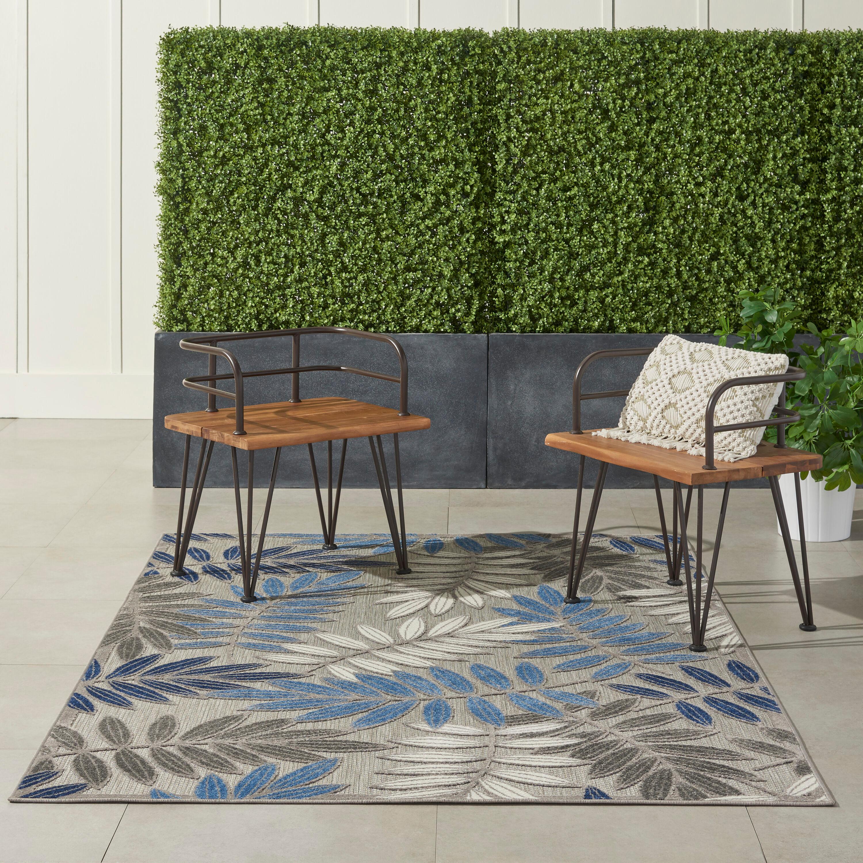 Nourison Aloha Floral Leaf Flatweave High-Low Indoor Outdoor Area Rug Grey/Blue 3'6" x 5'6"