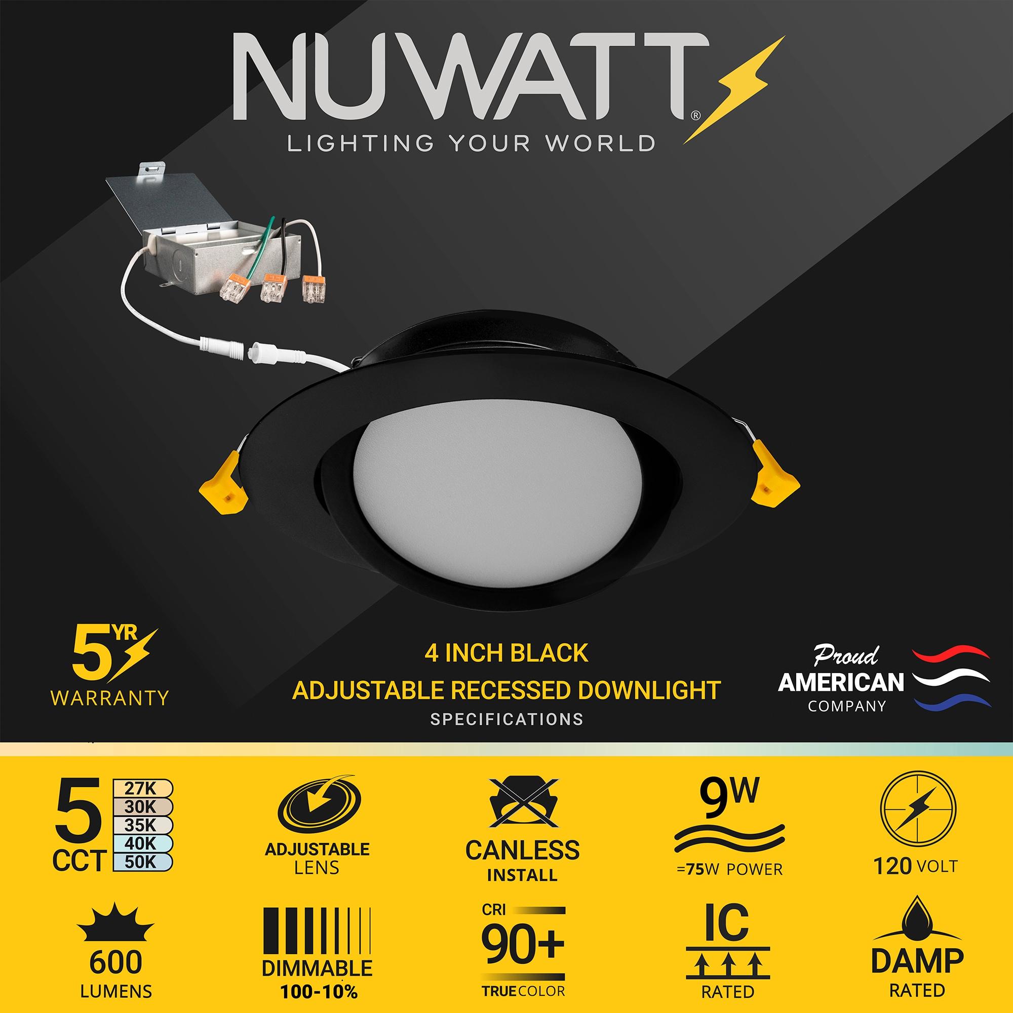 NuWatt 4 Inch Adjustable Recessed LED Ceiling Light,12 Pack 9W, Thin Fixture, 5CCT Selectable: 2700K-5000K, 630 lumens, 120V, Dimmable, IC Rated, w/ Junction Box, Black Trim