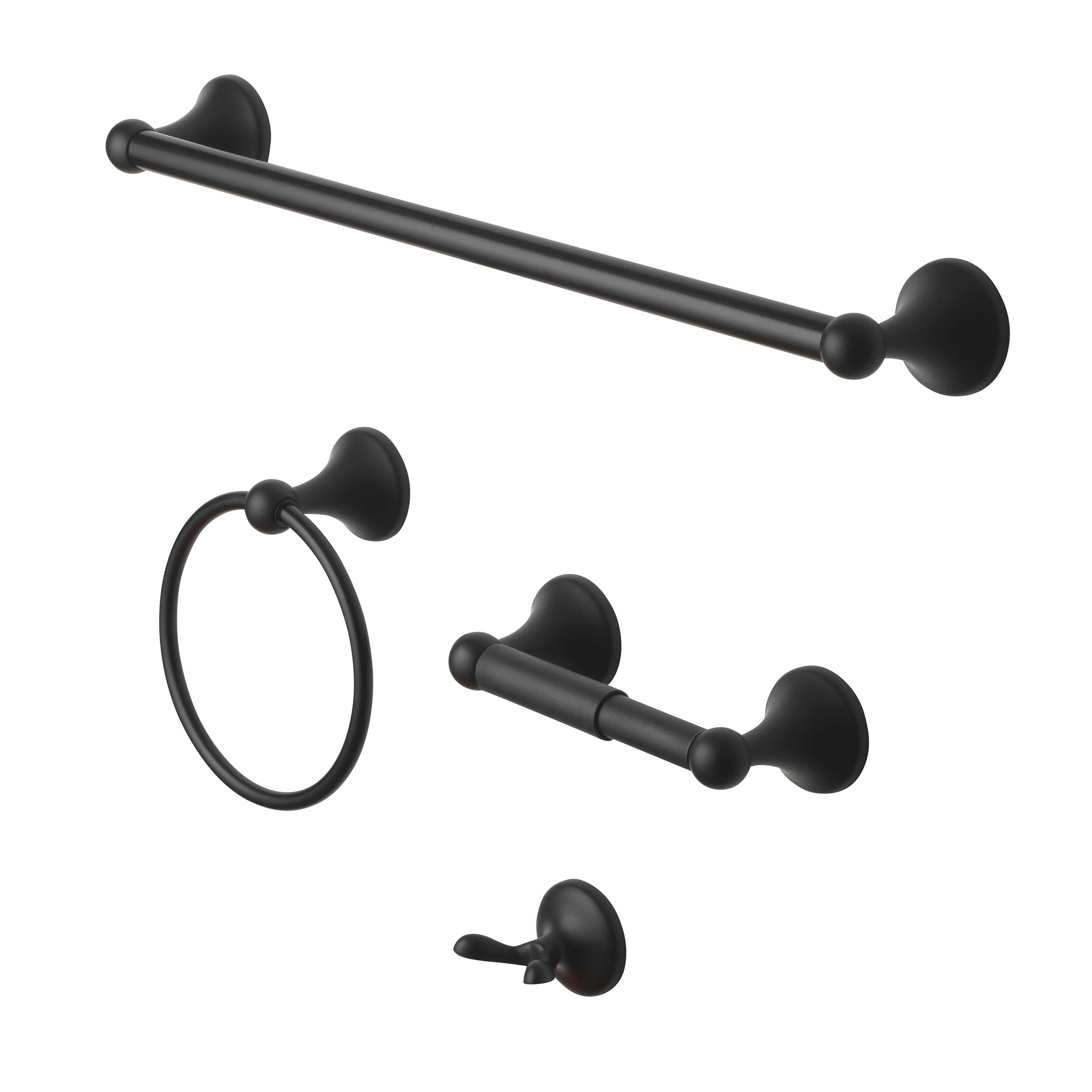 Matte Black 4-Pieces Brass Bathroom Hardware Accessory Set with Towel Bar, Towel Ring, Toilet Paper Holder and Robe Hook Includes