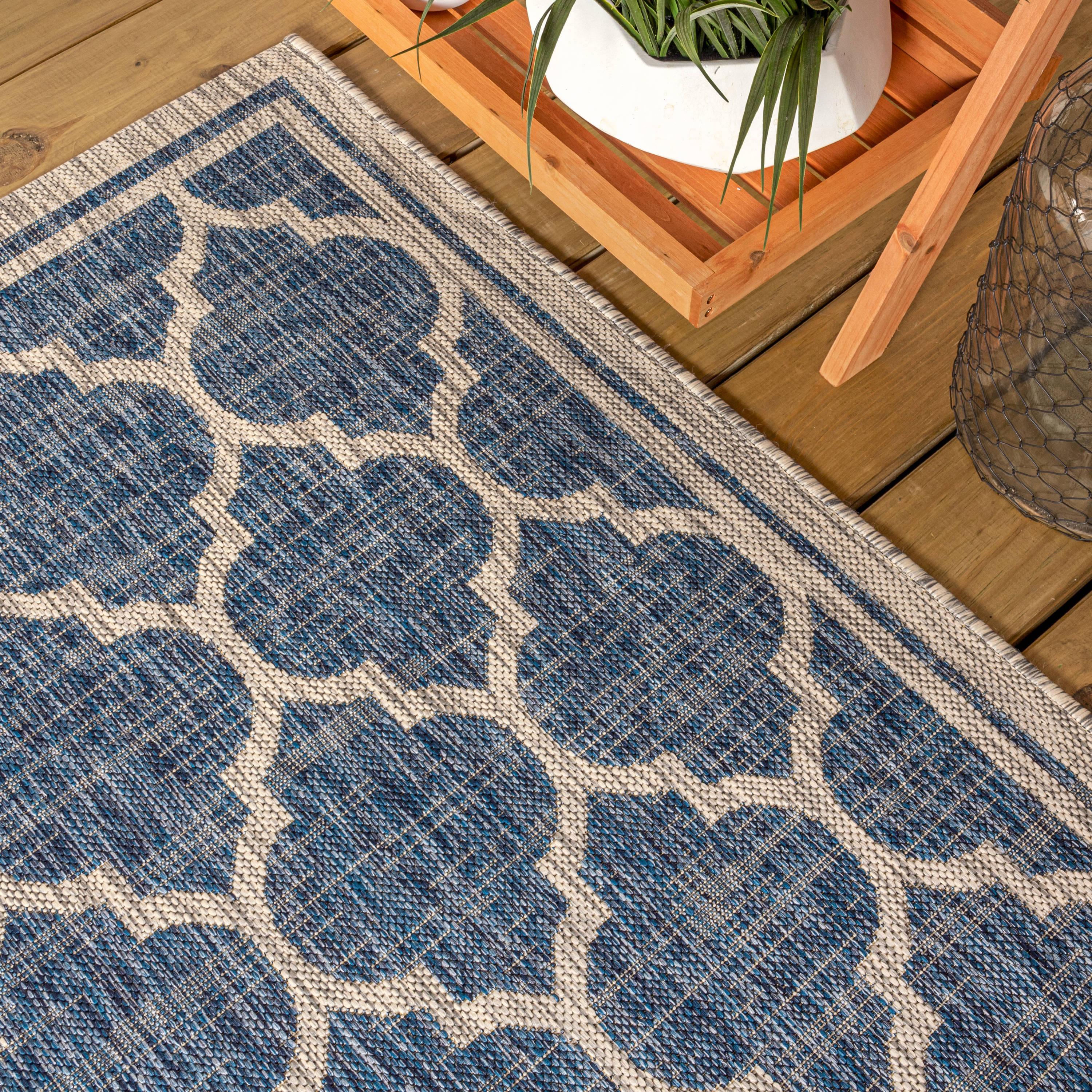 9' X 12' Trebol Moroccan Trellis Textured Weave Indoor/Outdoor Area Rug, Navy/Gray - JONATHAN Y