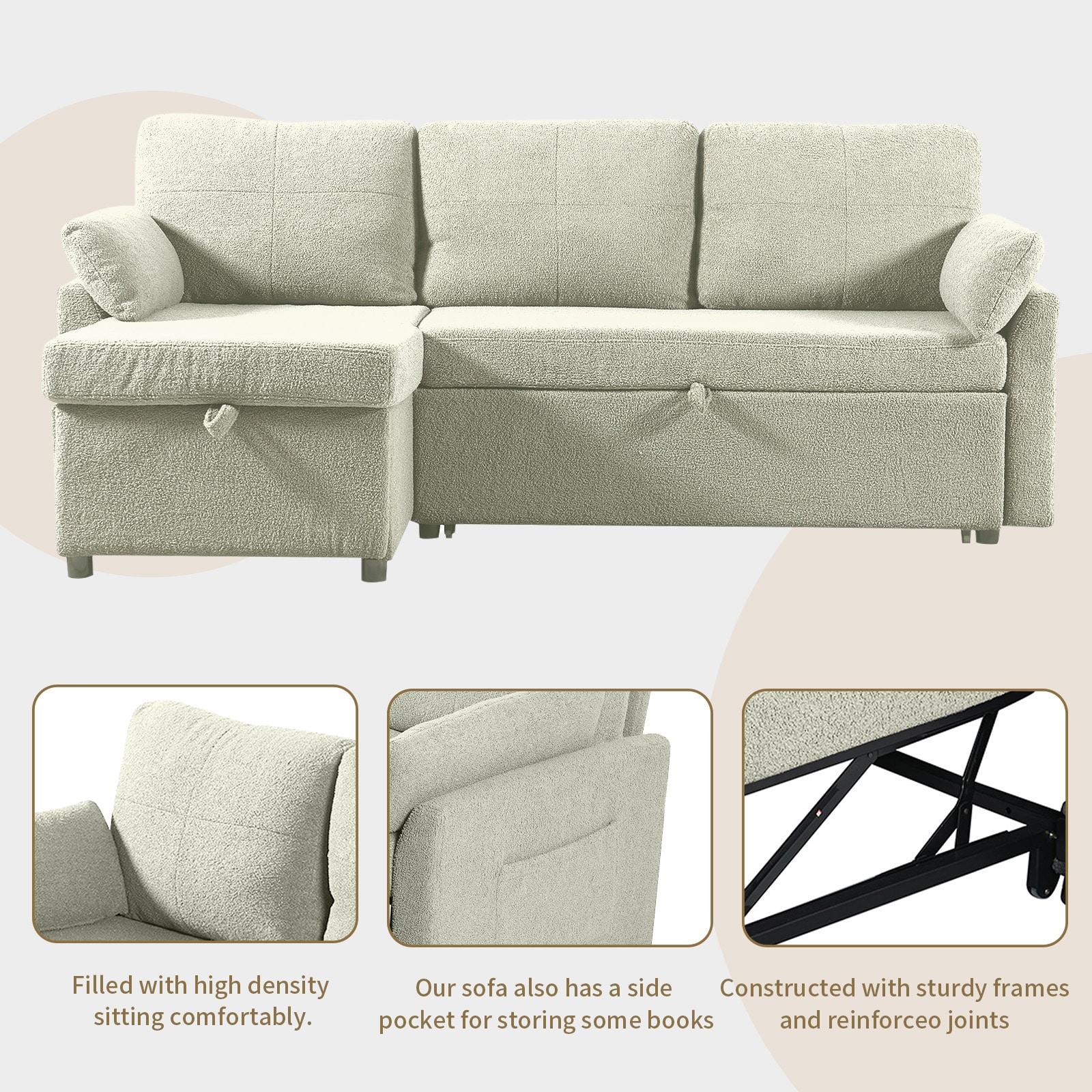 84.2" Sleeper Sofa Bed,Pull Out Sofa Bed with Storage Chaise L Shape Sectional Sofa Bed in Beige