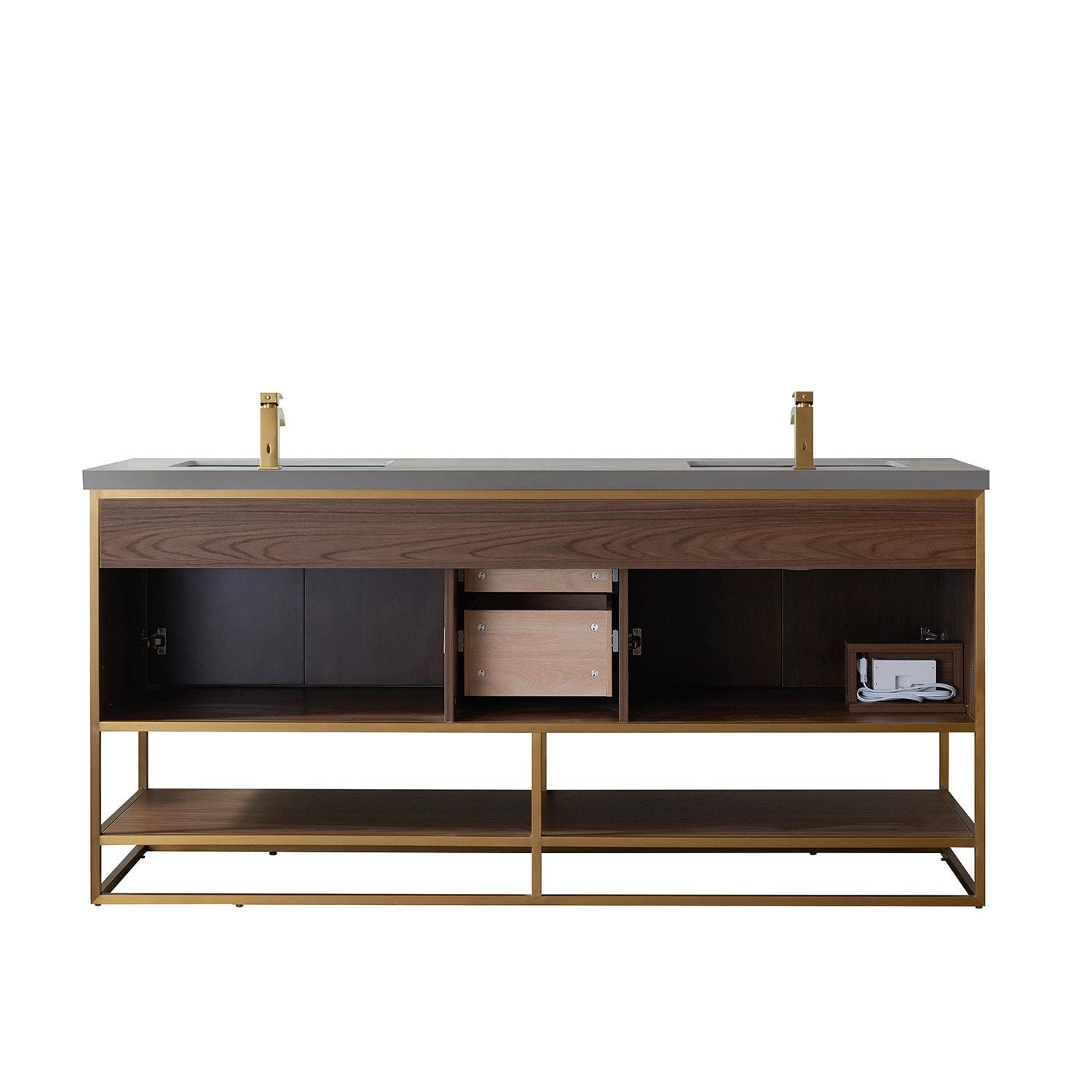 Vinnova Donostia 72" Gray Stone Top Double Vanity in Walnut No Mirror