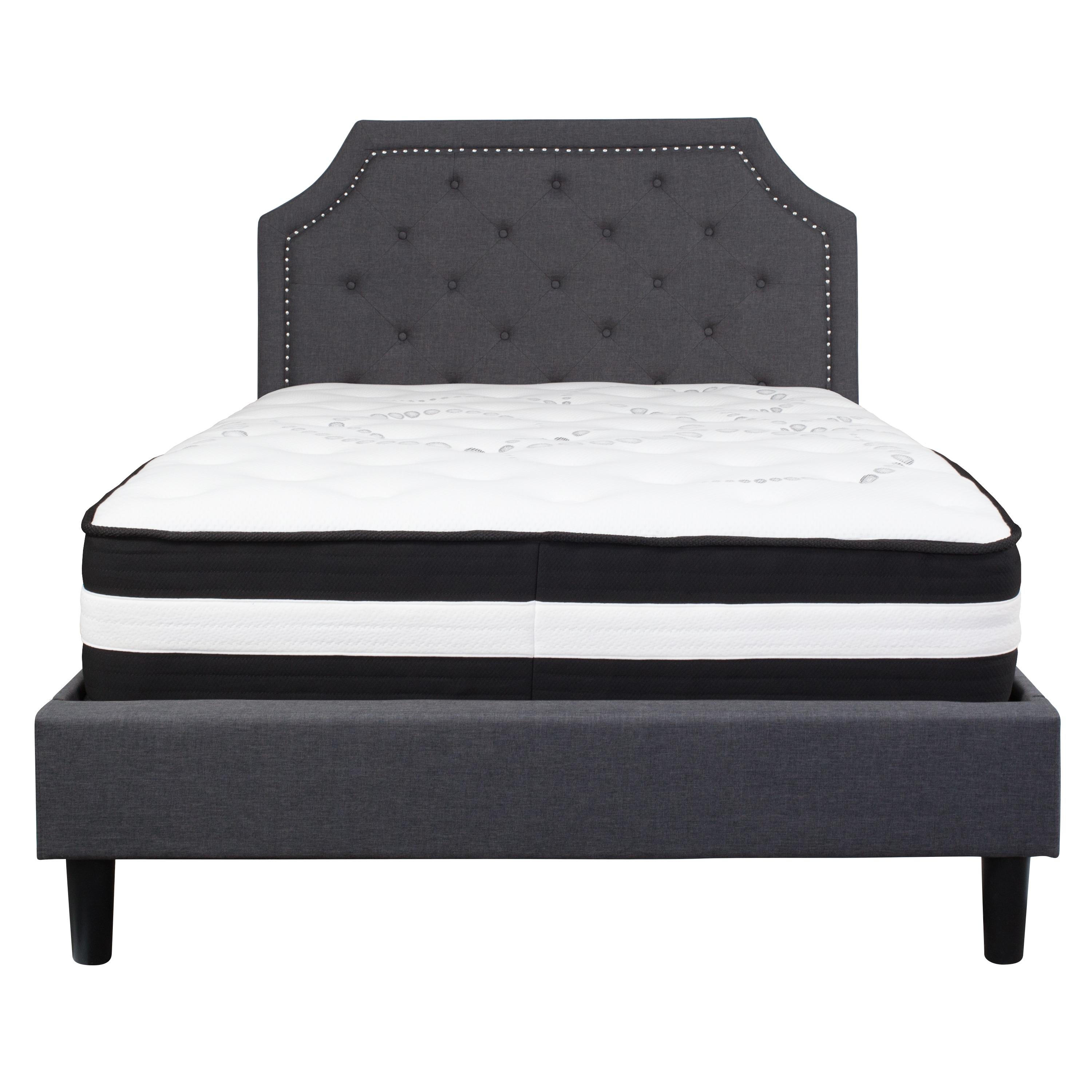 Flash Furniture Brighton Full Size Tufted Upholstered Platform Bed in Dark Gray Fabric with Pocket Spring Mattress