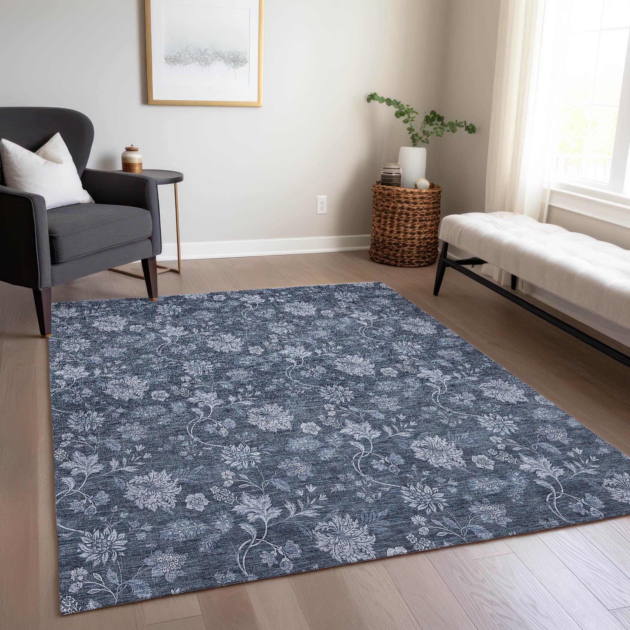 Blue Floral Synthetic Rectangular 8' x 10' Washable Rug
