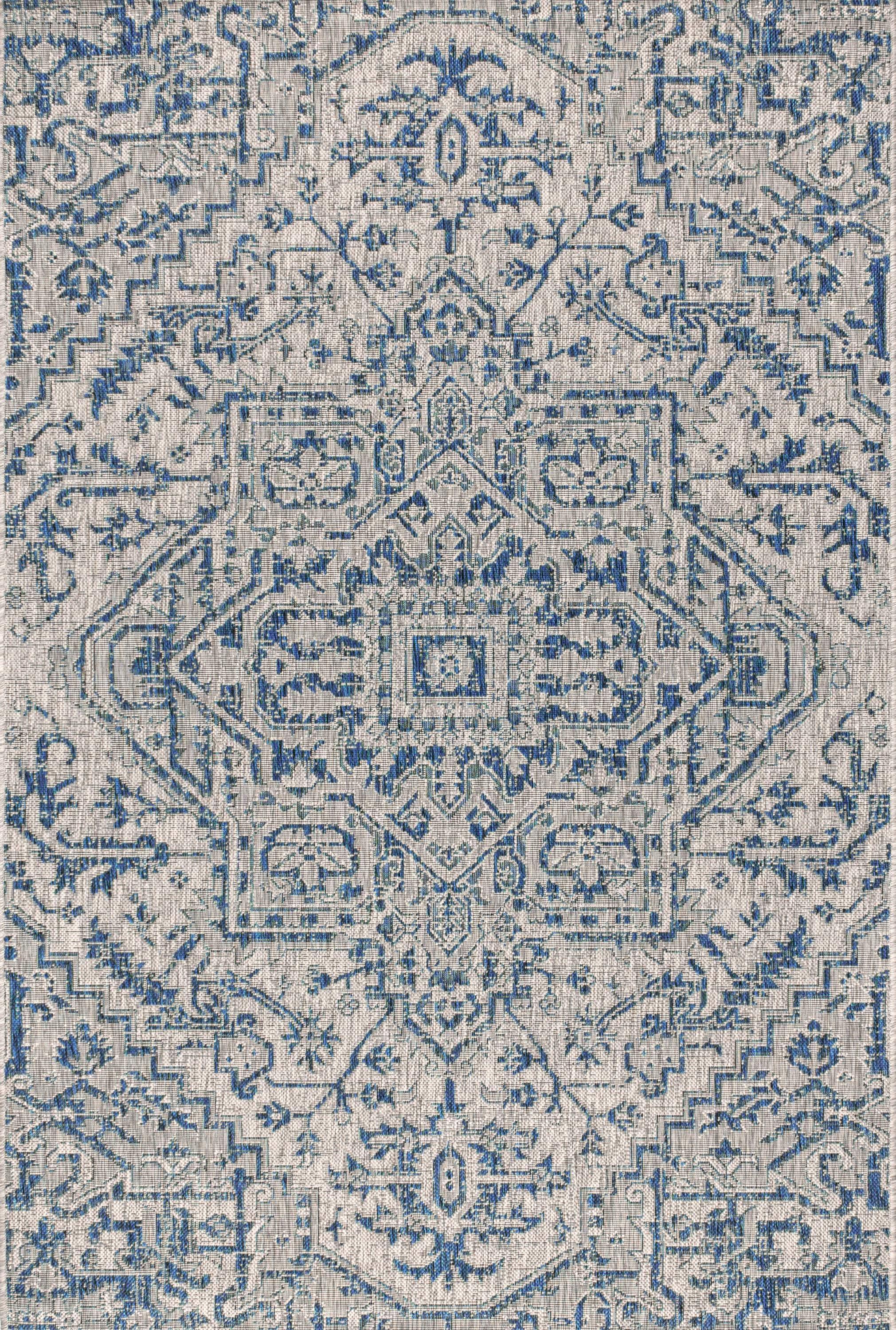 4'x6' Estrella Bohemian Medallion Textured Weave Indoor/Outdoor Area Rug, Navy/Gray - JONATHAN Y