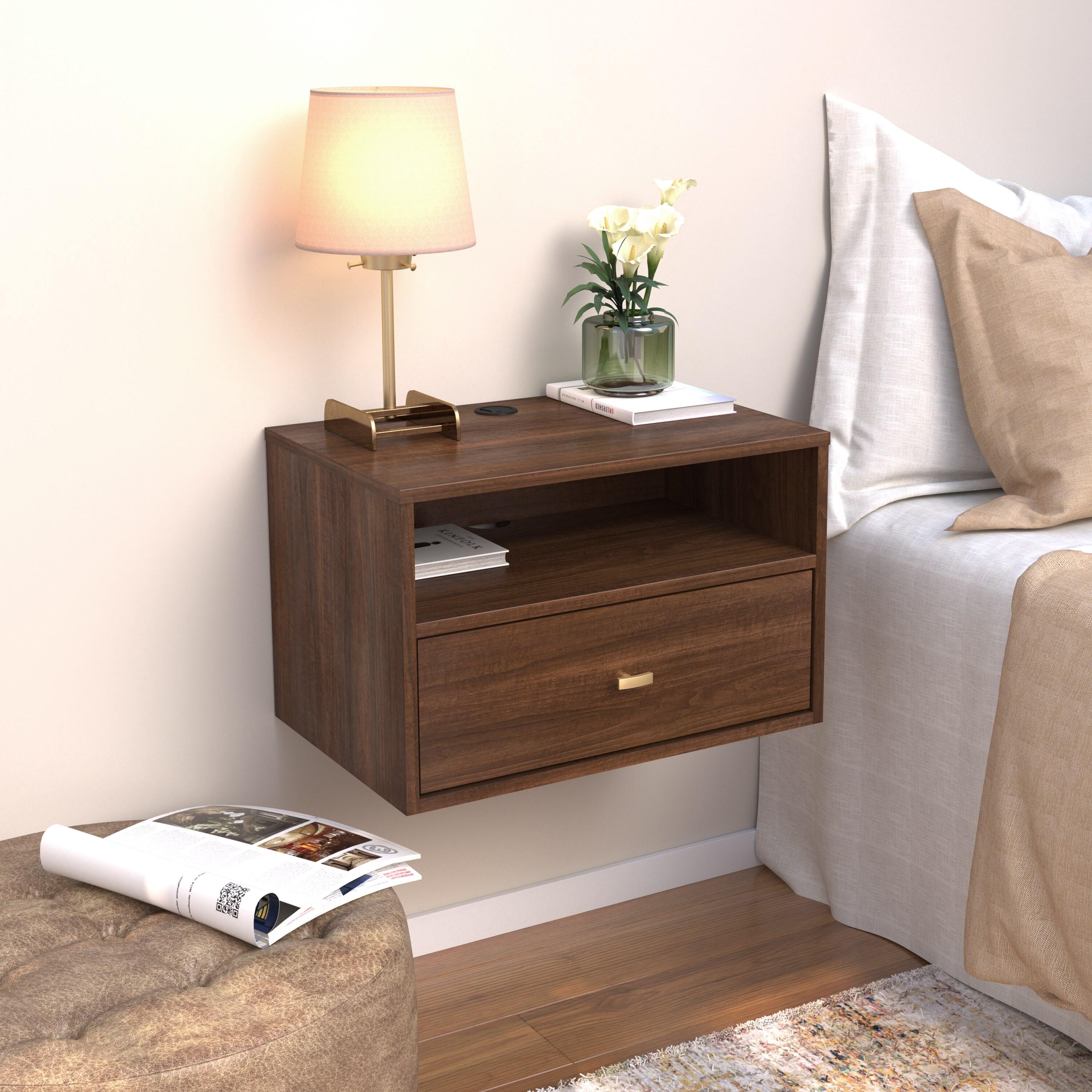 Floating 1 Drawer Nightstand with Open Shelf Cherry - Prepac: Laminated, Cable Management, Metal Glides