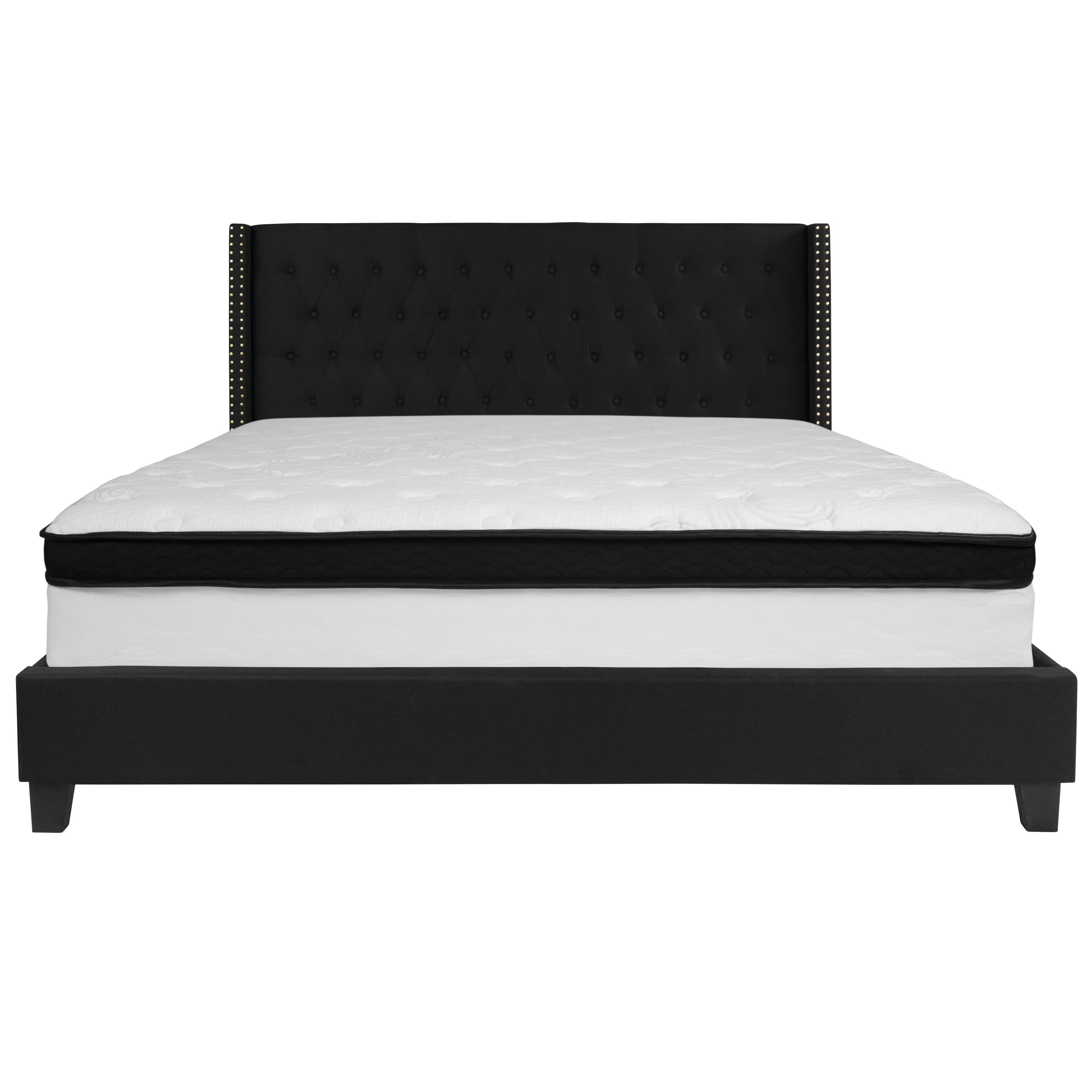 Flash Furniture Riverdale King Size Tufted Upholstered Platform Bed in Black Fabric with Memory Foam Mattress