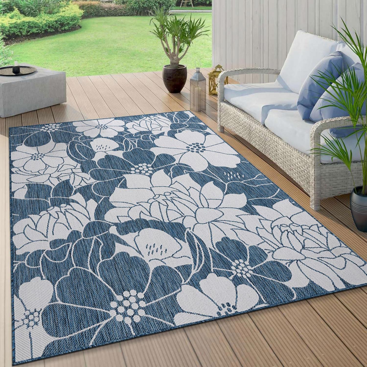 World Rug Gallery Modern Floral Flowers Textured Flat Weave Indoor/Outdoor Area Rug - NAVY 5' X 7'