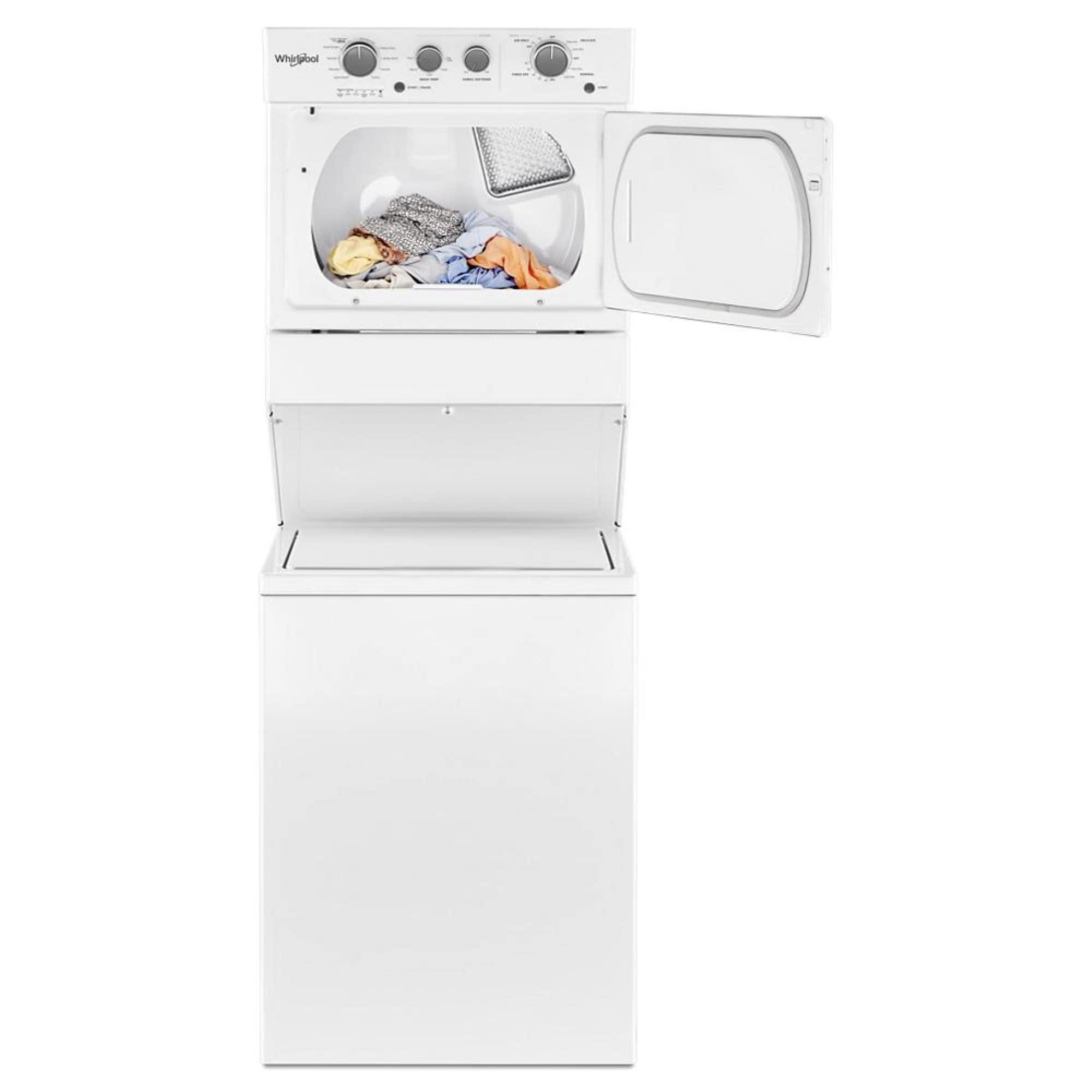 Whirlpool® WET4027HW -3.5 Cu. ft Electric Stacked Laundry Center 9 Wash cycles and Auto Dry™ - Depth: 28 3/8” - Height: 40 1/2” - Width: 29” - HE Soap Certified - Xpert System