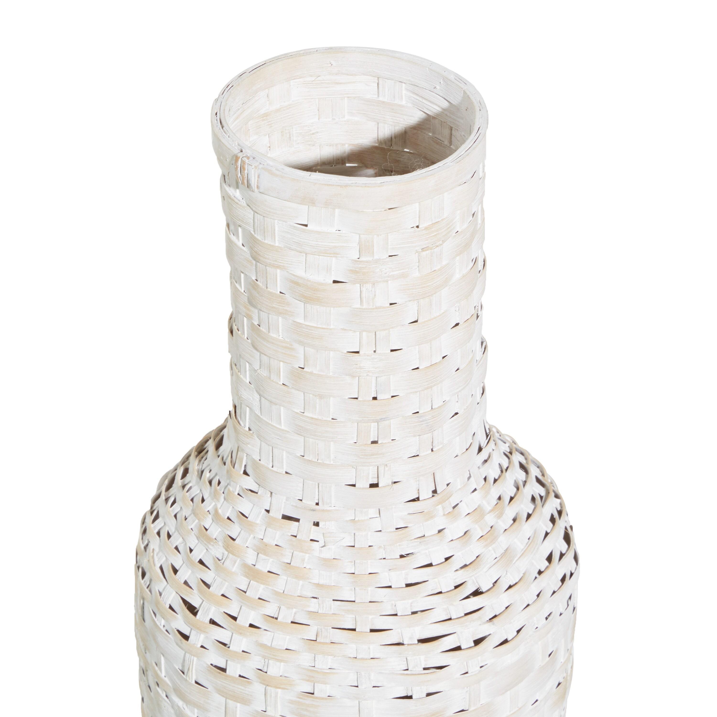 DecMode White  Bohemian Metal Vase with Distressed Weaving Pattern, 9" x 9" x 30", Features Neutral Woven Patterns
