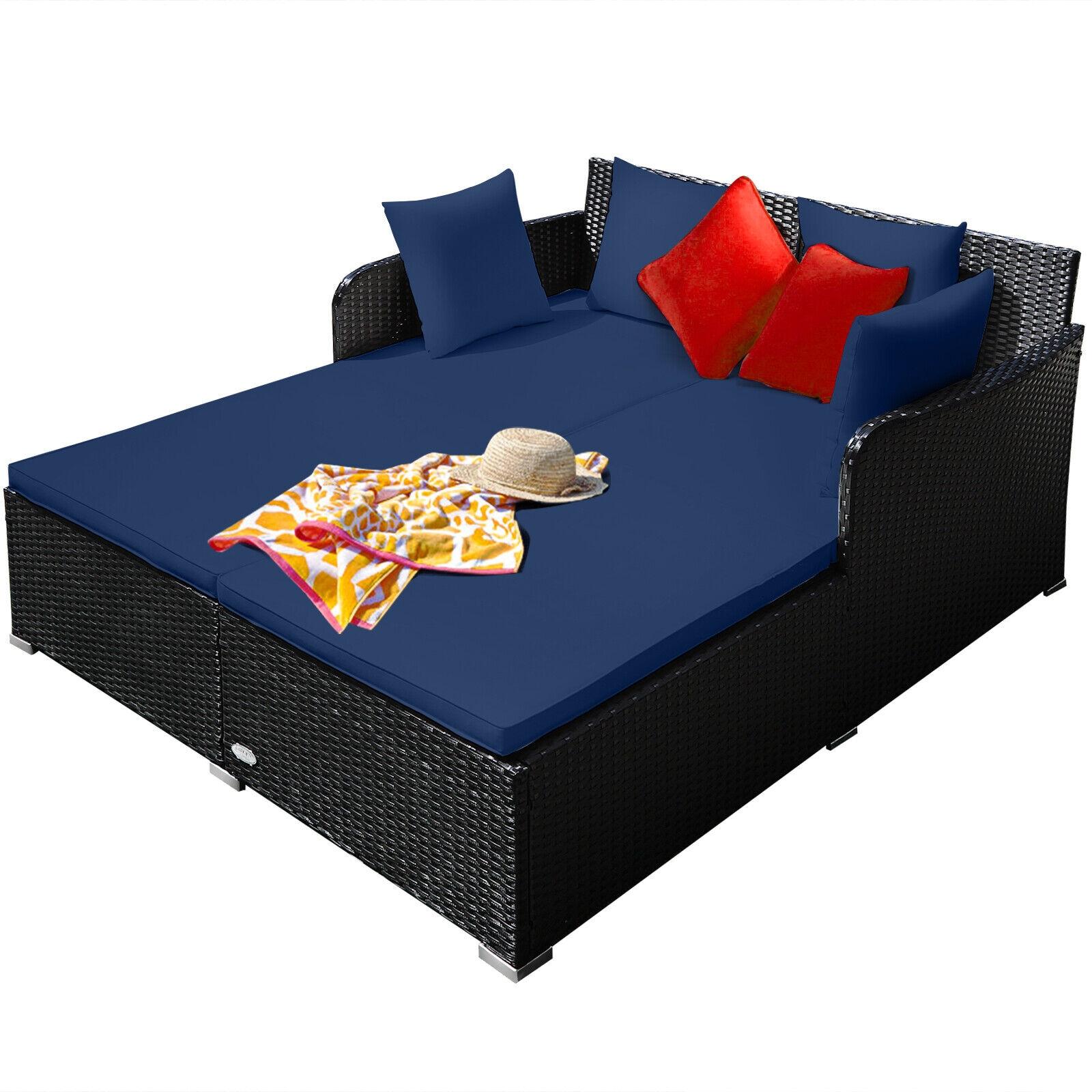 Costway Outdoor Patio Rattan Daybed Pillows Cushioned Sofa Furniture Navy