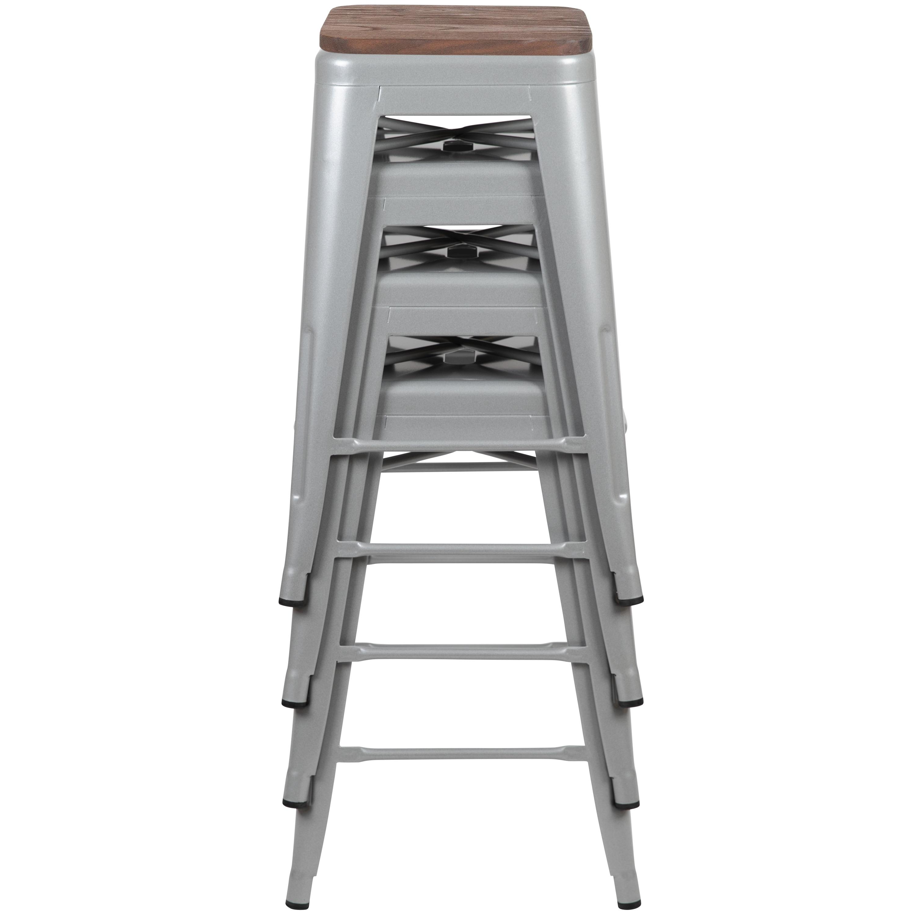 Flash Furniture 24" High Metal Counter-Height, Indoor Bar Stool with Wood Seat in Silver - Stackable Set of 4