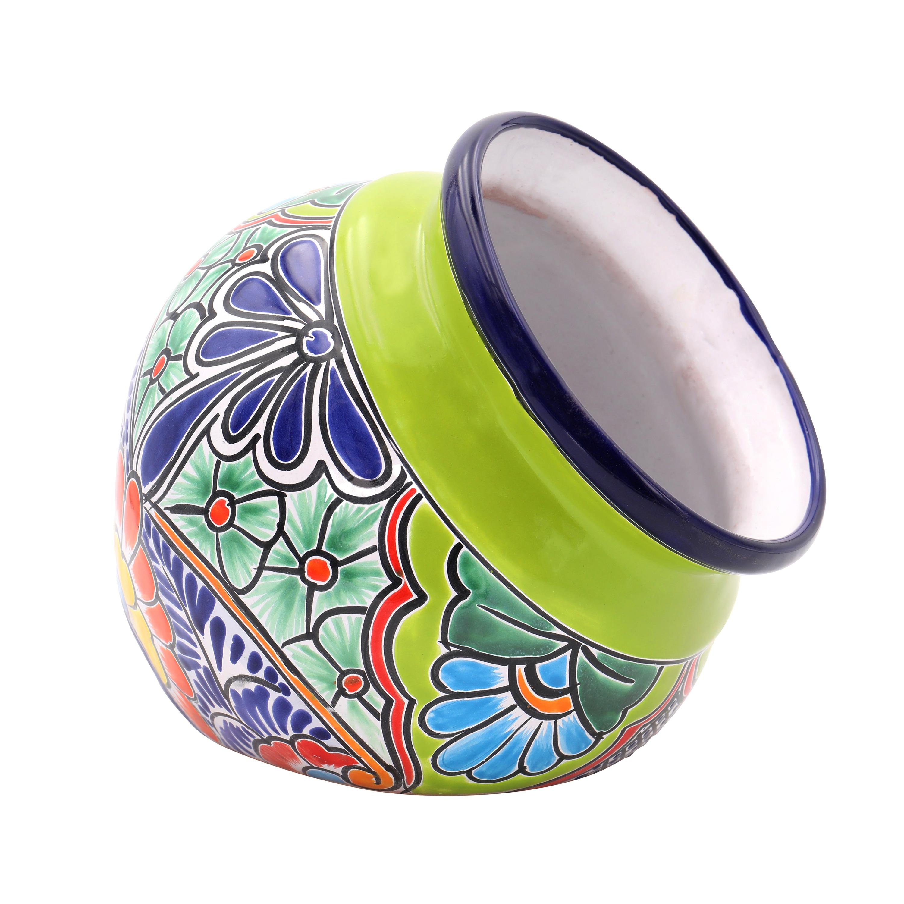 Green Tilted Talavera Ceramic Floral Planter, 10 Inch