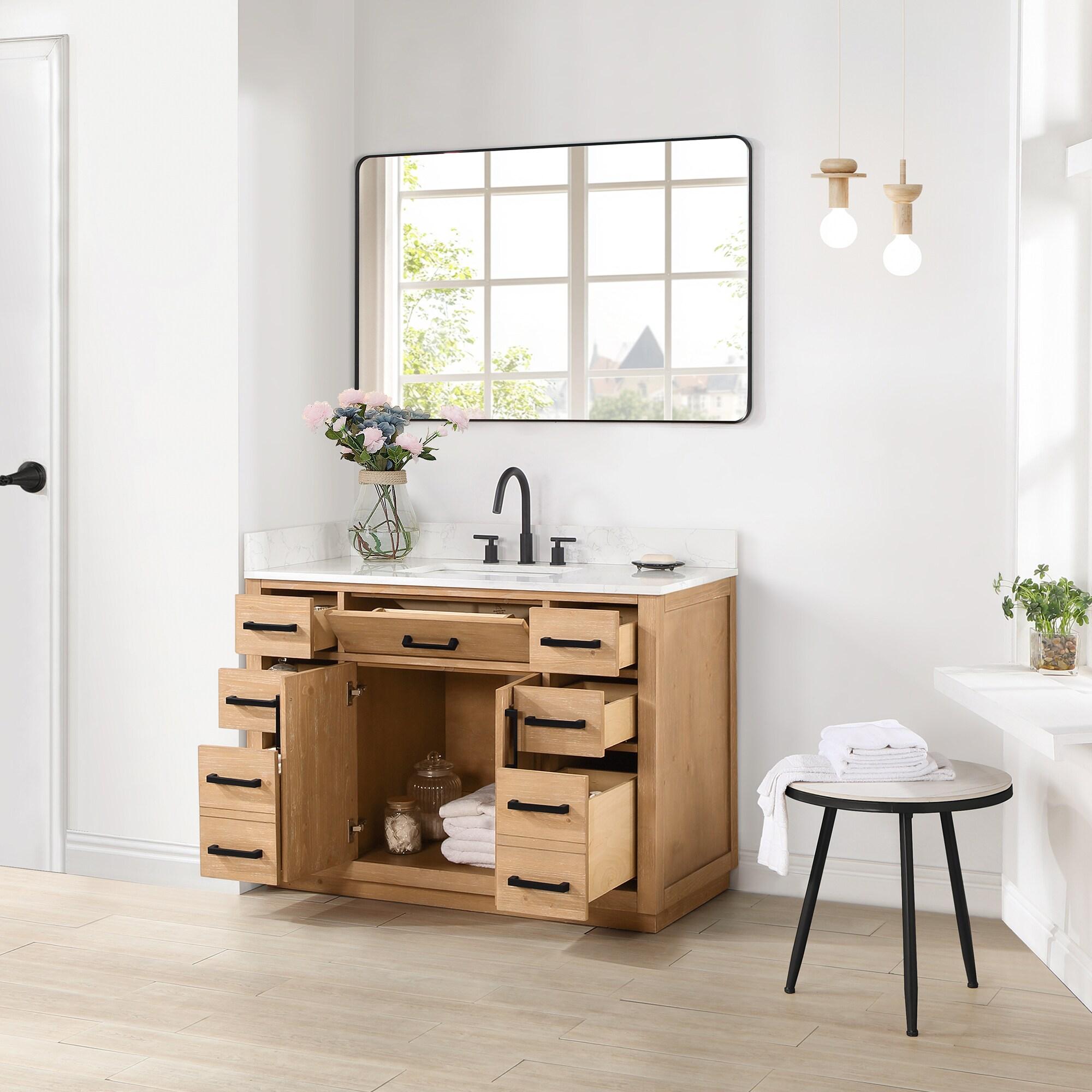 Gavino 48" Wood Vanity in Light Brown with Composite Stone Top and Mirror