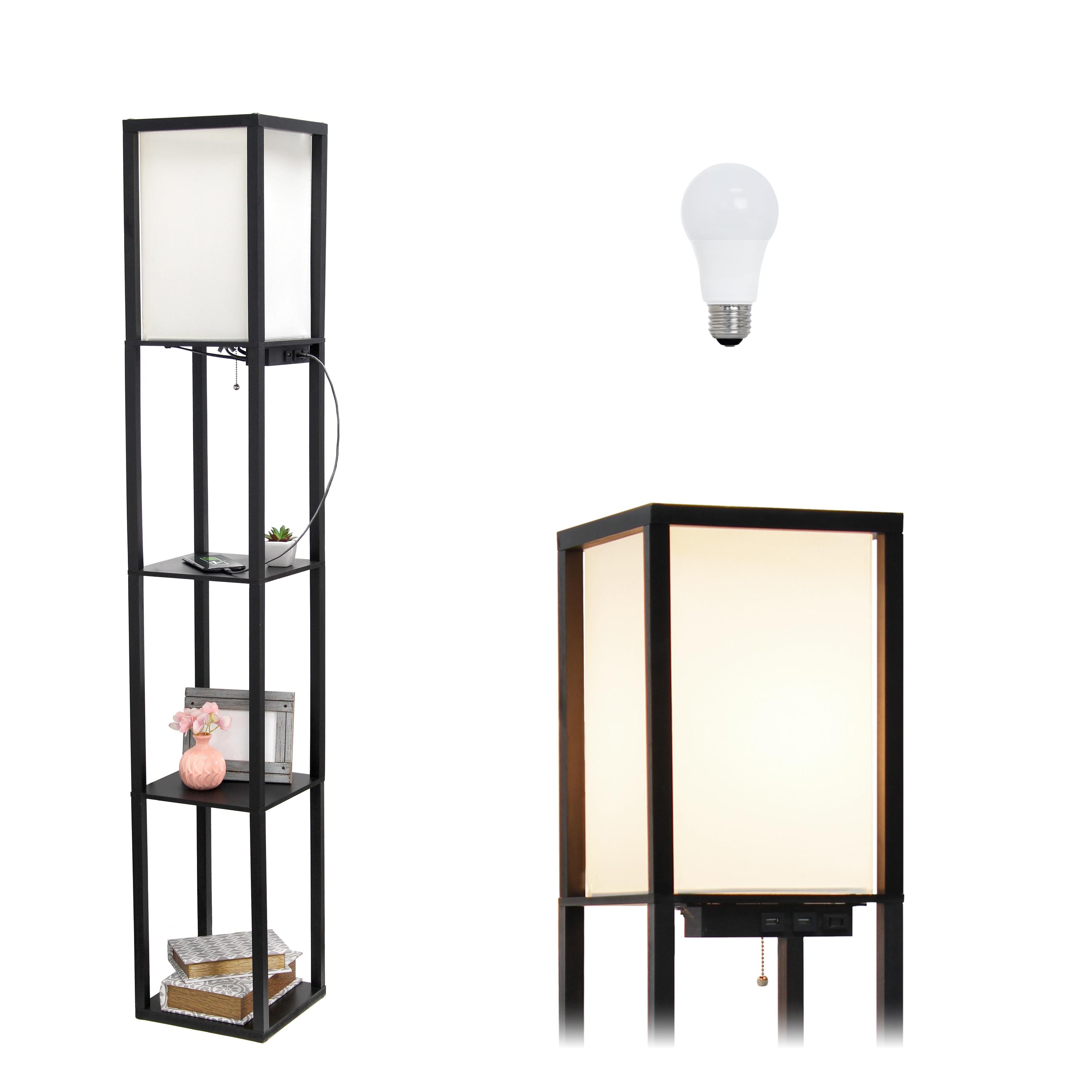 Floor Lamp Etagere Organizer Storage Shelf with 2 USB Charging Ports and Linen Shade - Simple Designs