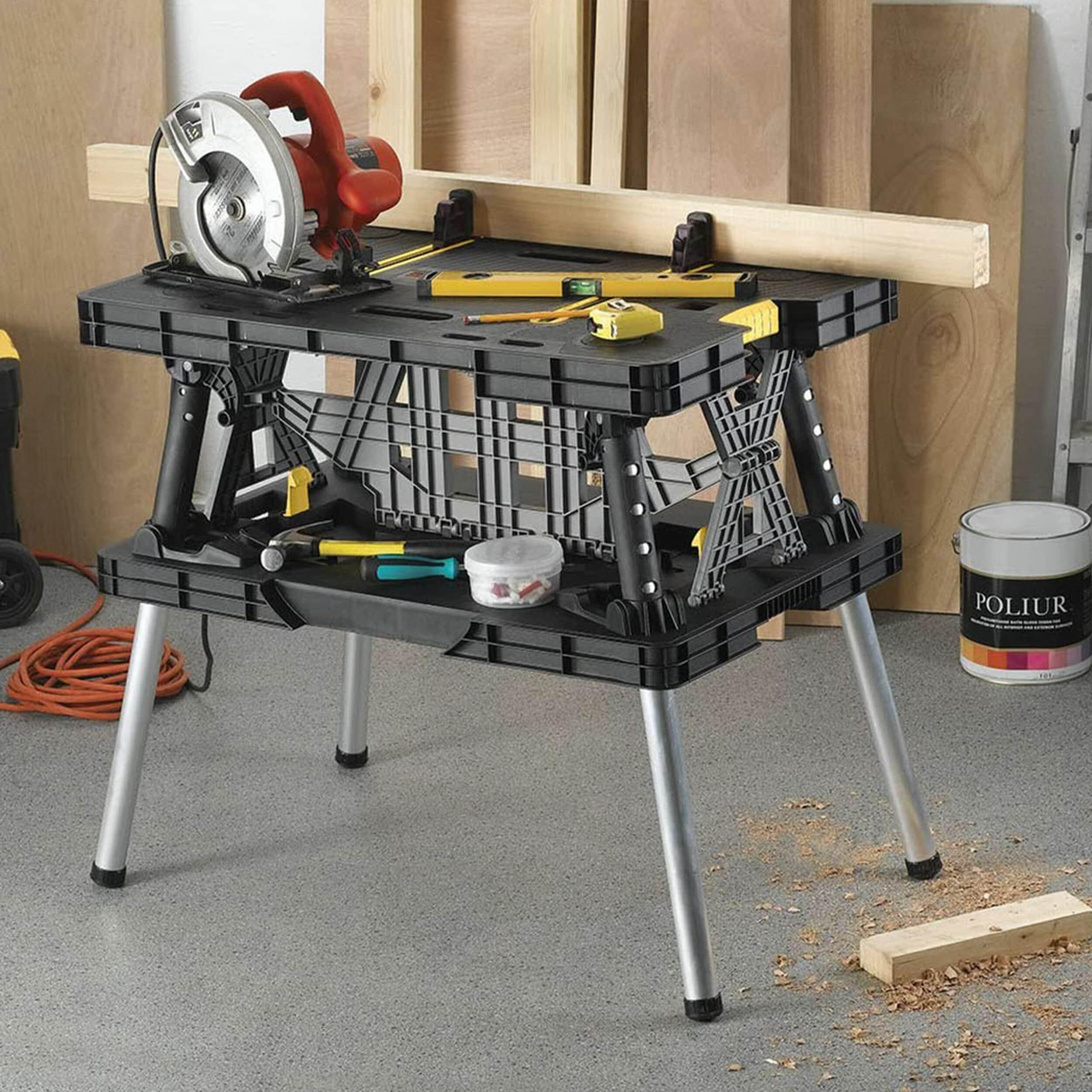 Keter Folding Portable Workbench Sawhorse with (2) 12" Clamps, Black and Yellow