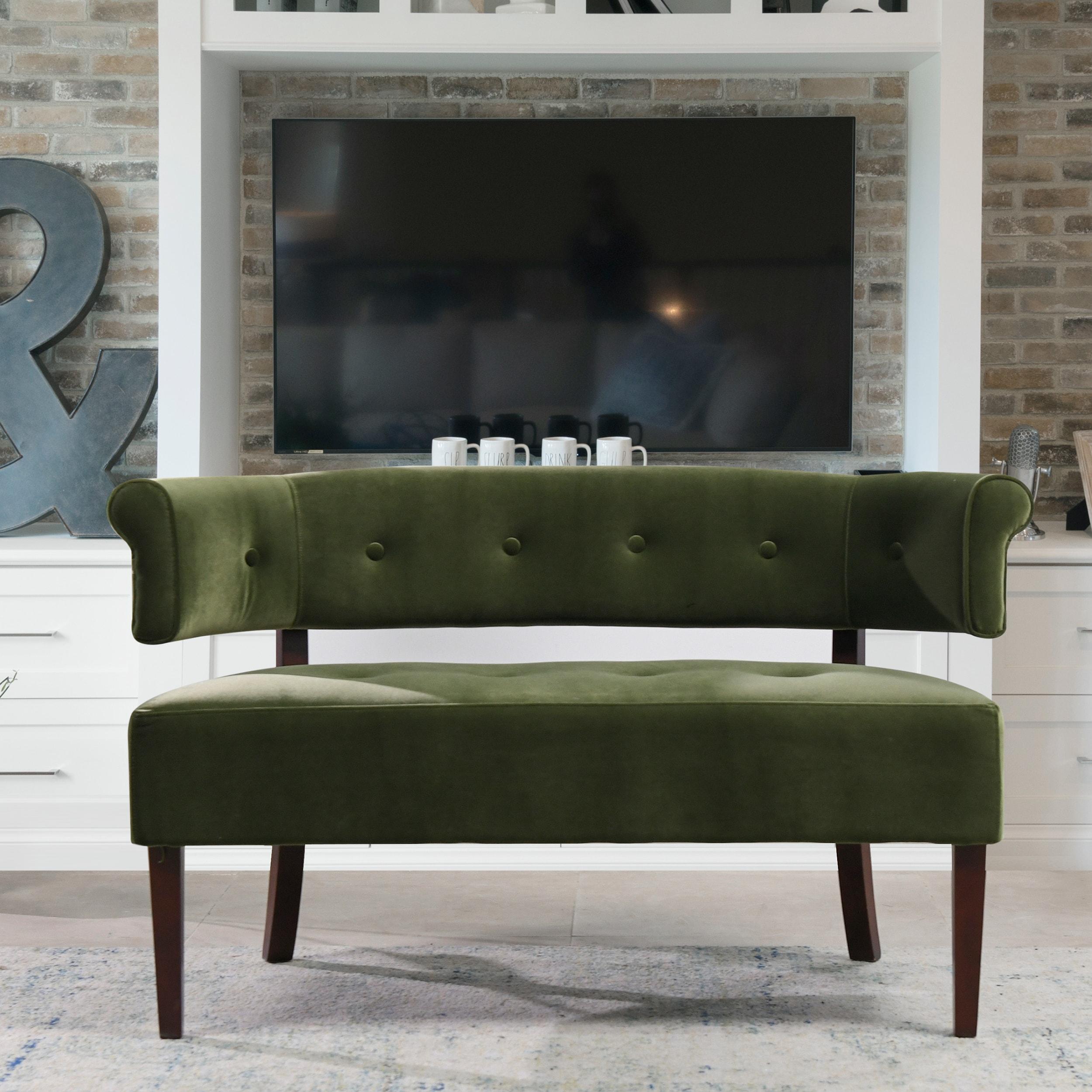 Jennifer Taylor Home Jared Roll Arm Tufted Bench Settee, Olive Green Velvet