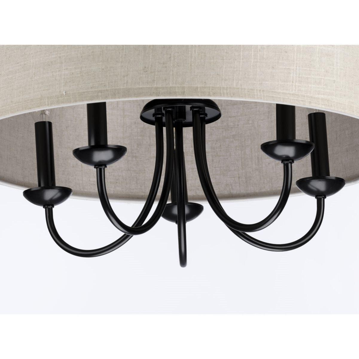Progress Lighting, Drum Shade Collection, 5-Light Pendant, Black Finish, Harvest Linen Shade