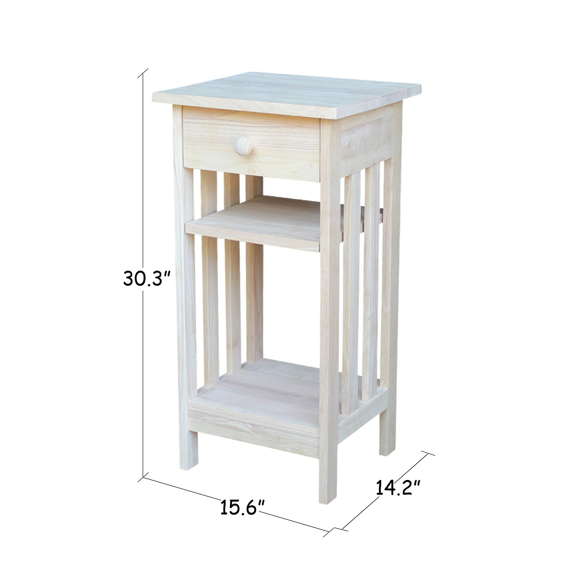 International Concepts Mission Telephone Stand Unfinished : Hardwood Accent Table with Drawer & Fixed Shelf