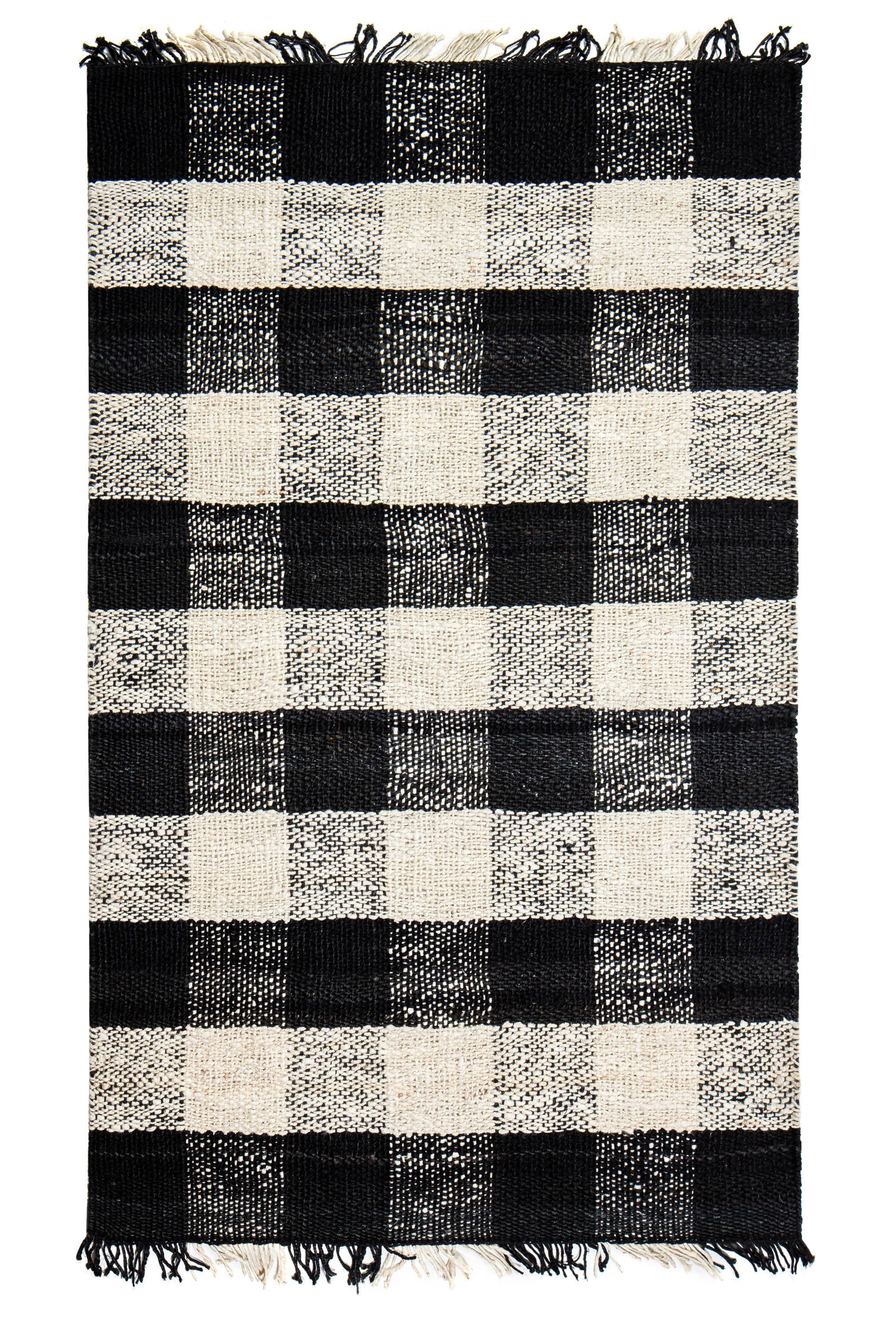 Black Check Loomed Area Rug 5'X7' - Anji Mountain: Handmade Jute Flatweave, Farmhouse Style, Fair Trade Certified