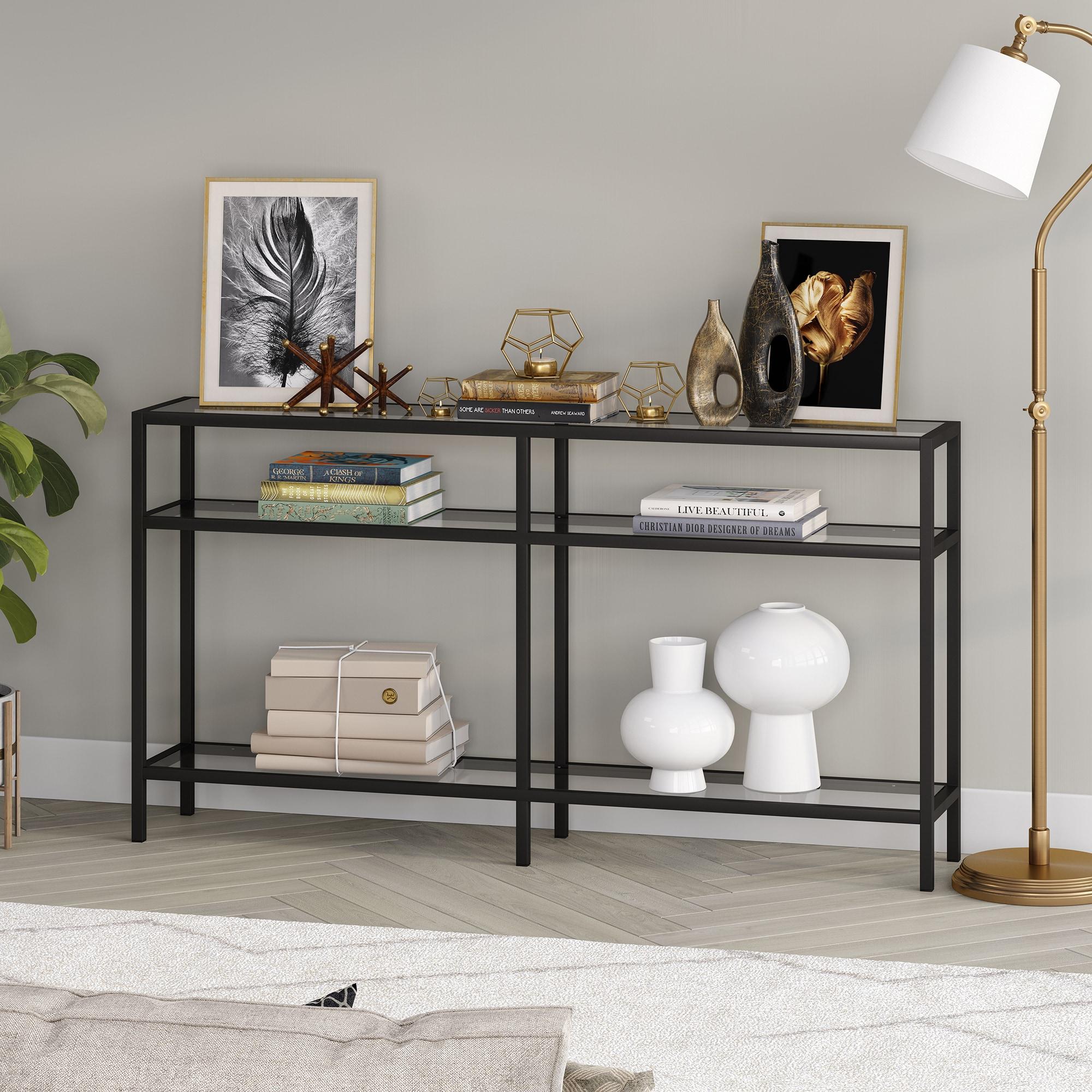 Sivil 55" Blackened Bronze and Black Metal Console Table with Glass Top