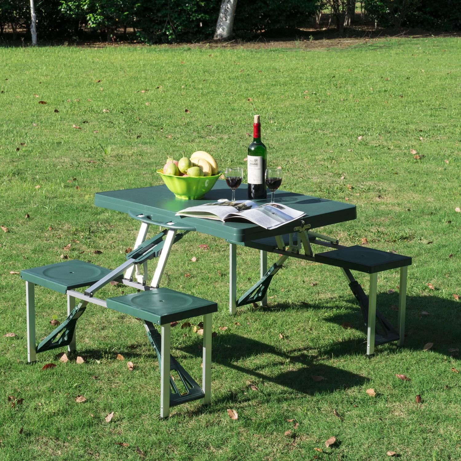 Outsunny 4 Person Plastic Folding Picnic Table Set with Umbrella Hole, Green