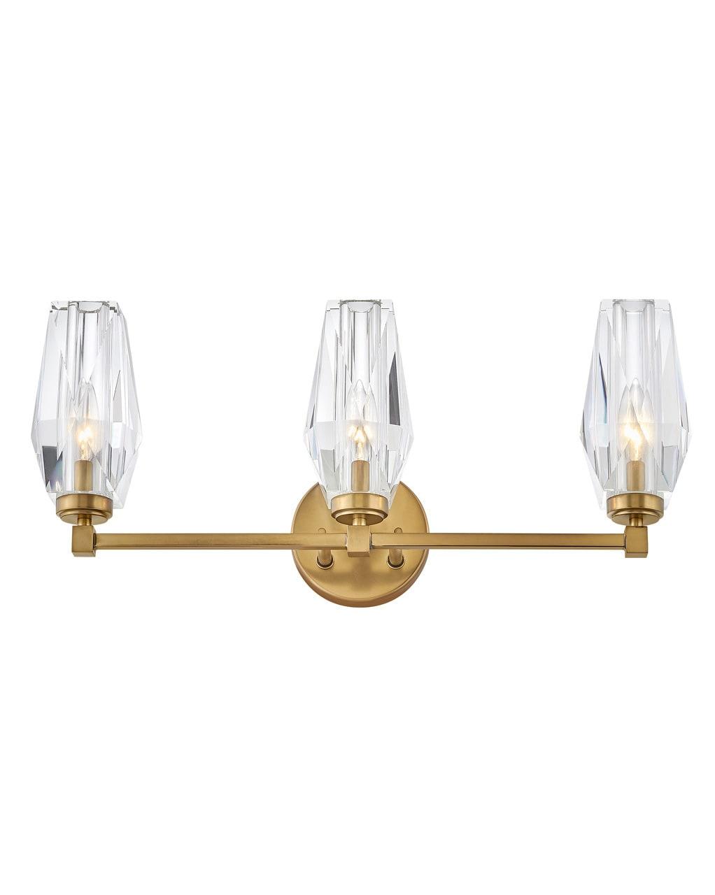 Hinkley Ana 3-Light Bath Vanity w/ Faceted Heavy-Cut Diamond-Shaped Crystal Shades - Heritage Brass