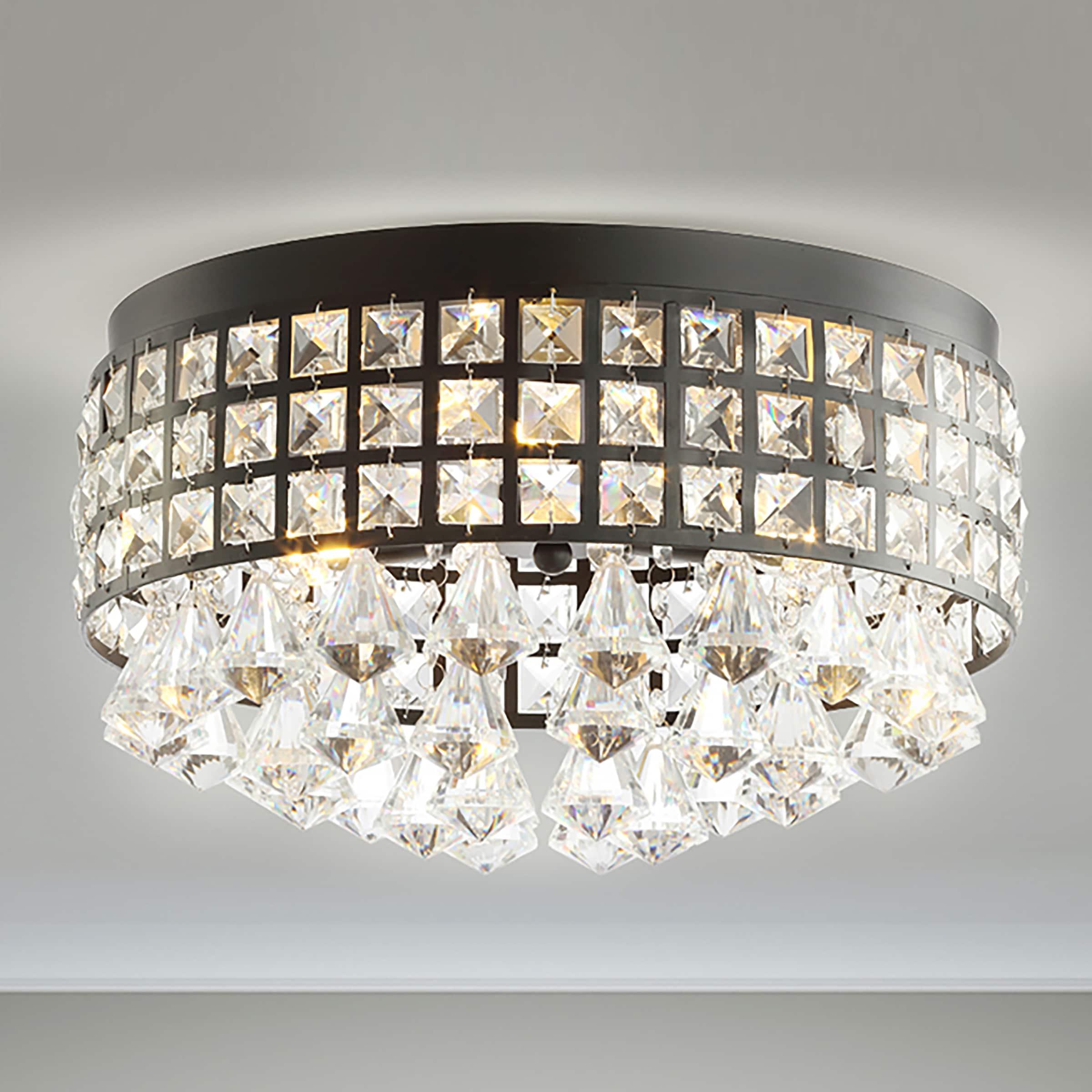 JONATHAN Y Meredith 14.5" 3-Light Crystal Drops/Metal LED Flush Mount, Black