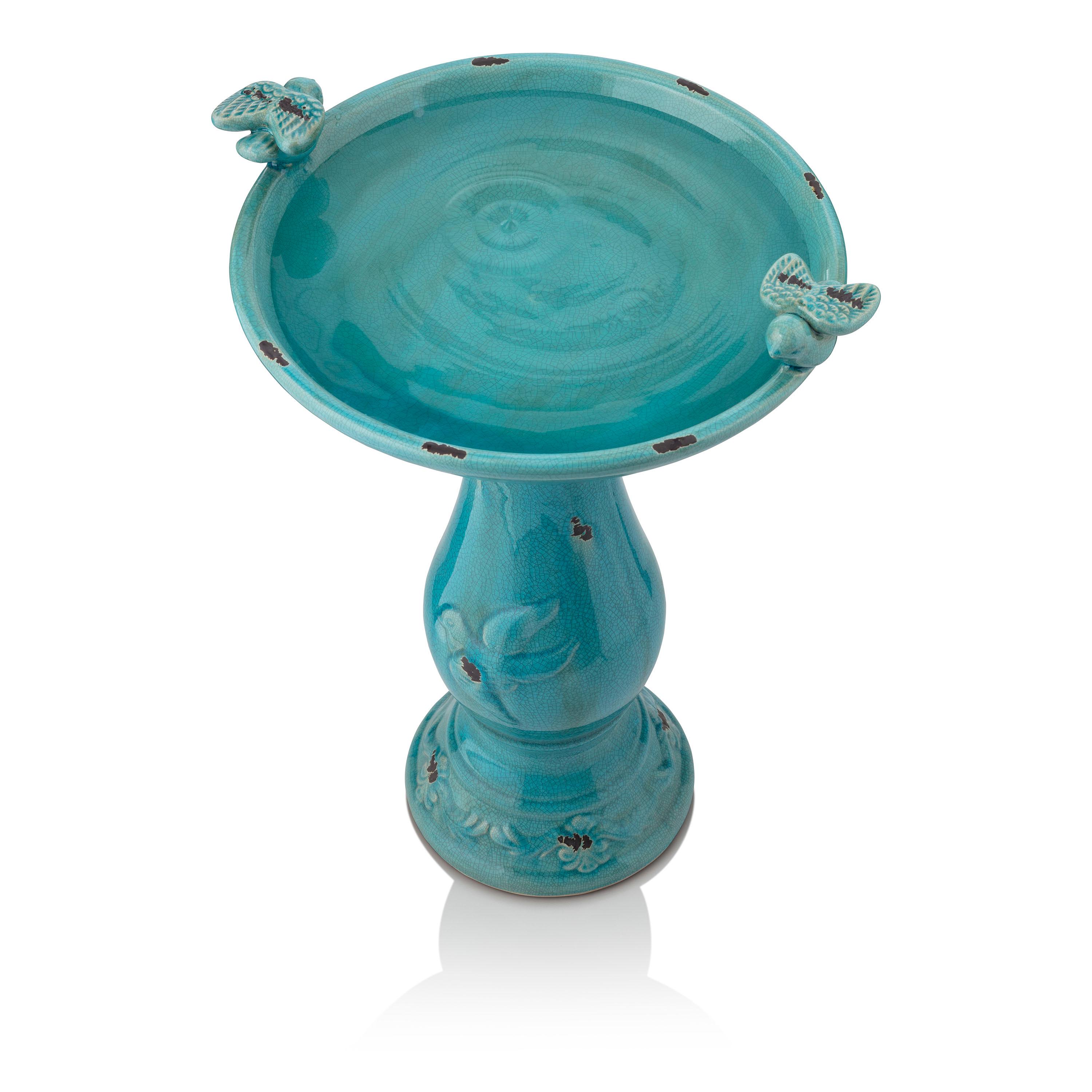 Alpine Corporation Ceramic Pedestal Bird Bath with Bird Figurines, Turquoise