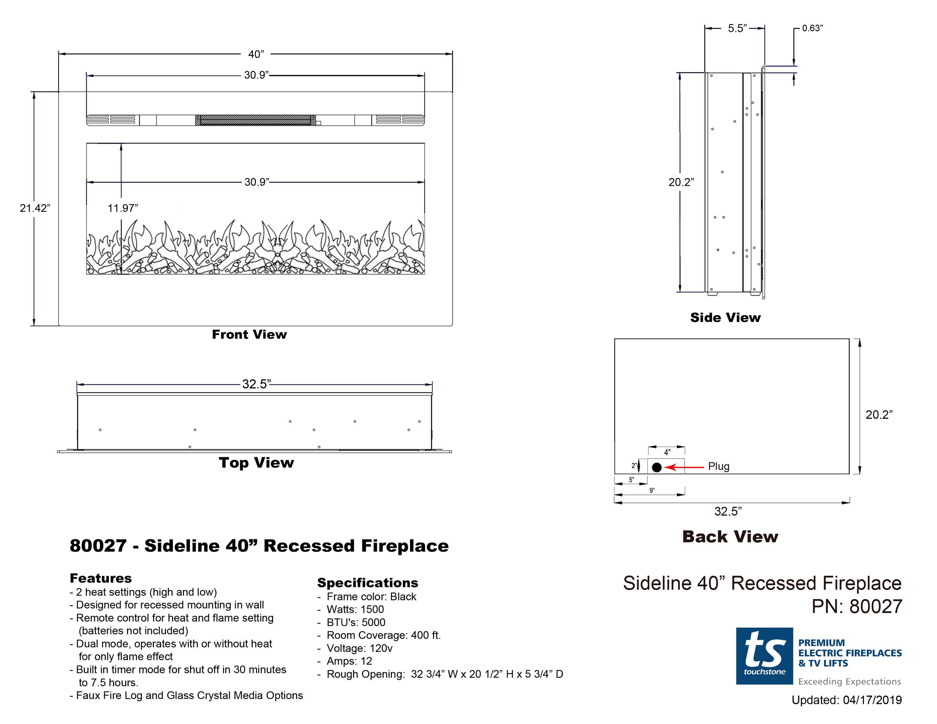 The Sideline Electric Fireplace for Recessed or Wall Mount Installation