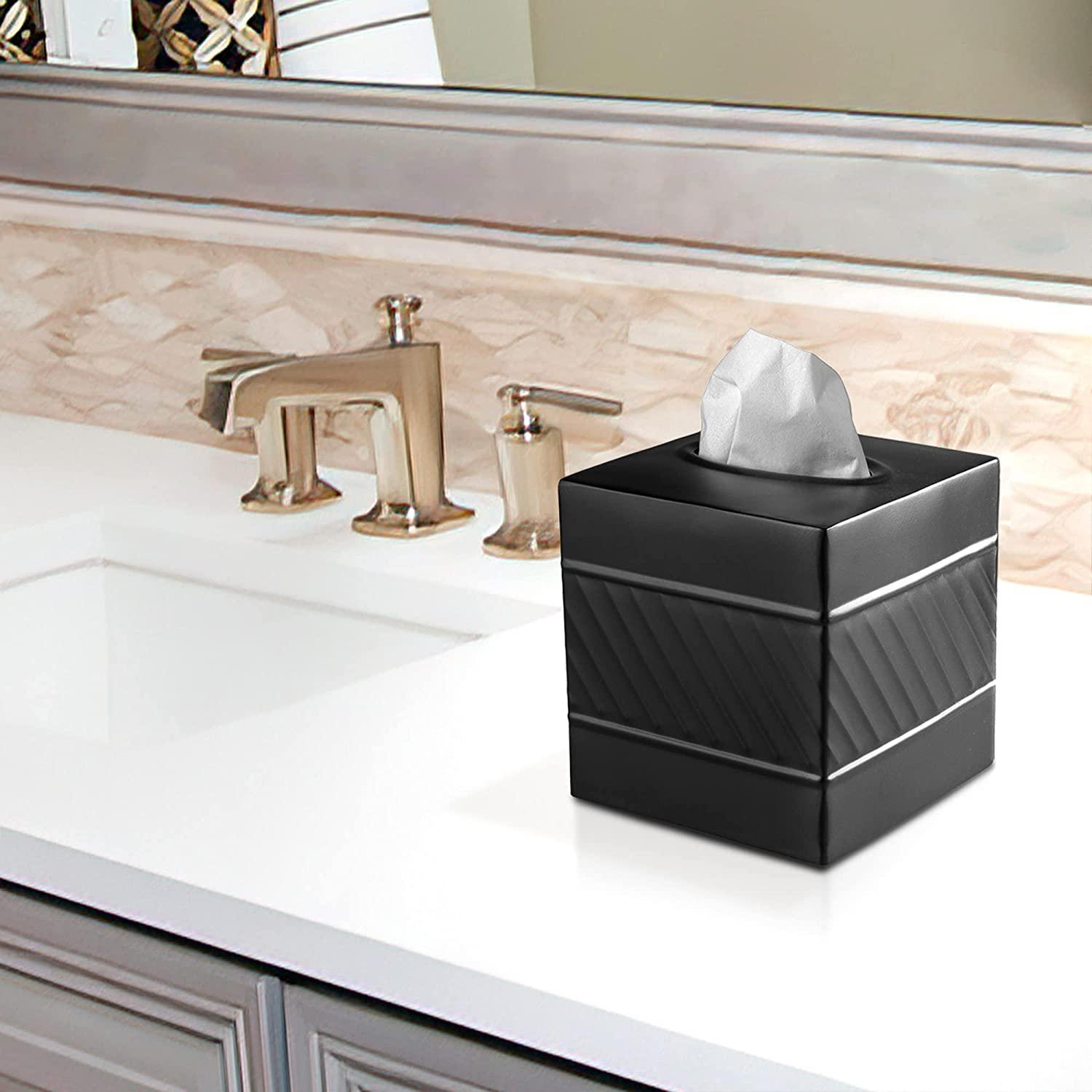 Monarch Abode Tissue Box Cover, Hand Hammered, Metal, Square Tissue Box Holder, Black
