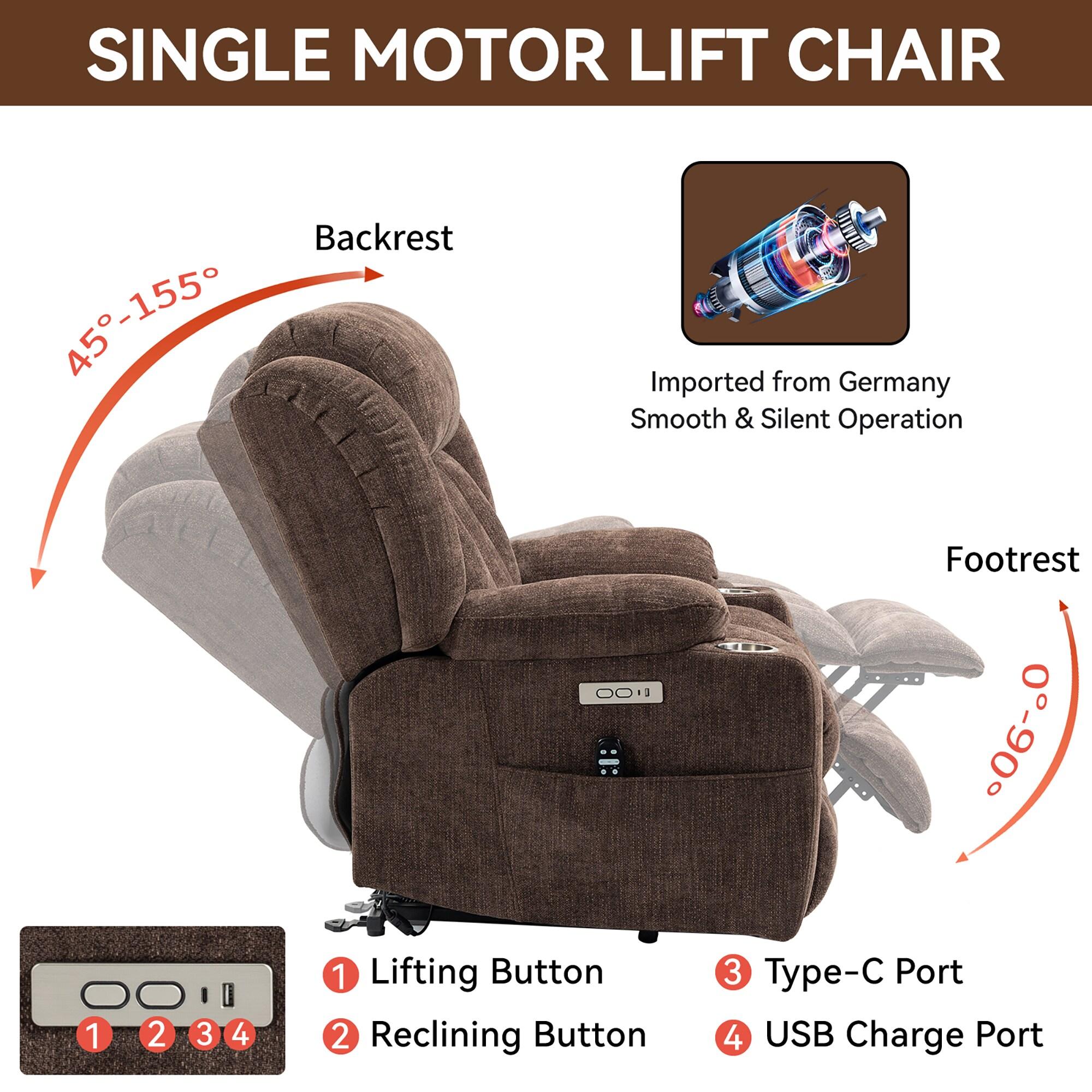 Power Lift Chair with Full-Body Massage and Heat, Electric Recliner Chairs for Adults, Remote Control, Standing Assistance, USB Ports, Stainless Steel Cup Holders, Chenille Brown