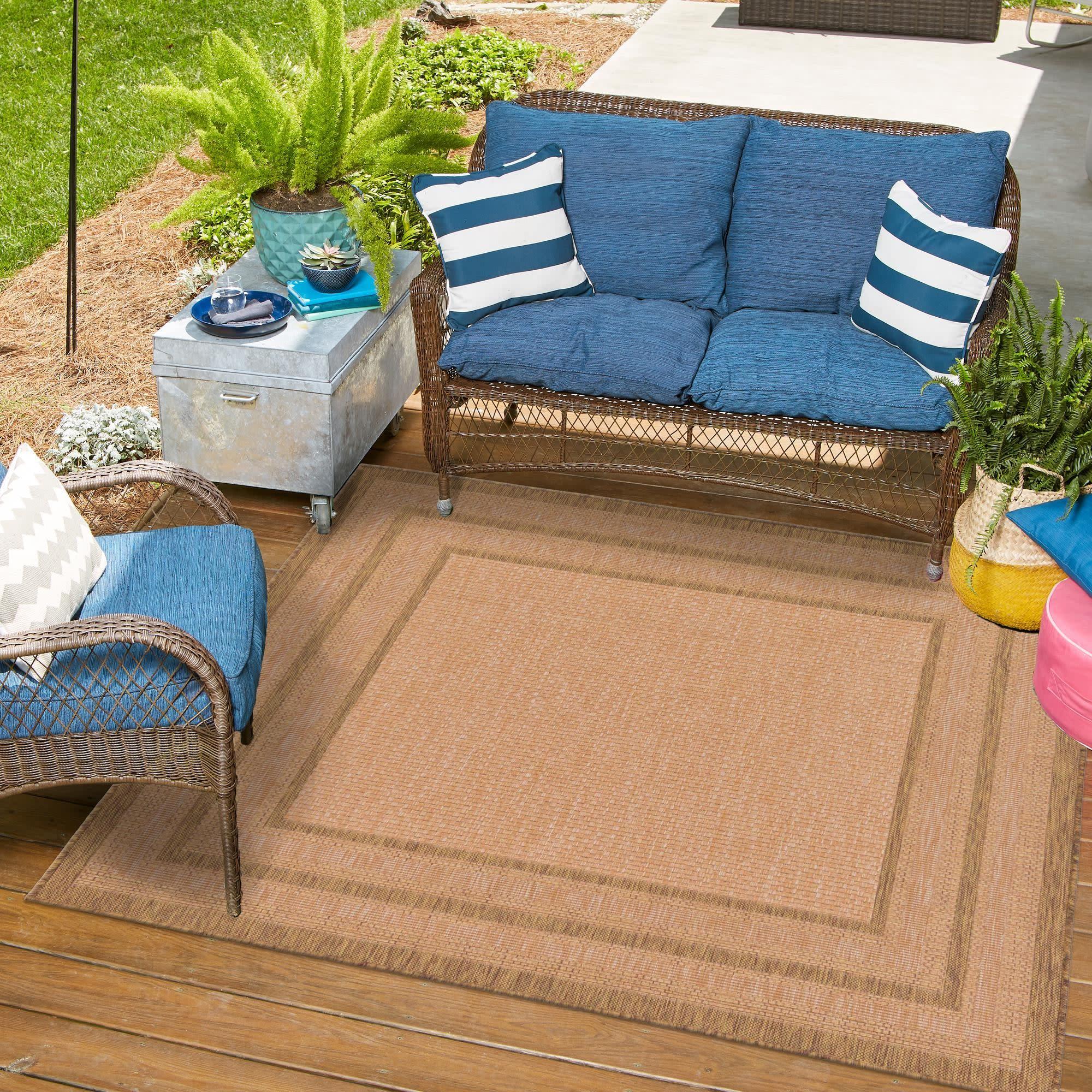 Multi Border Easy-Care Square Outdoor Rug 6' - Light Brown