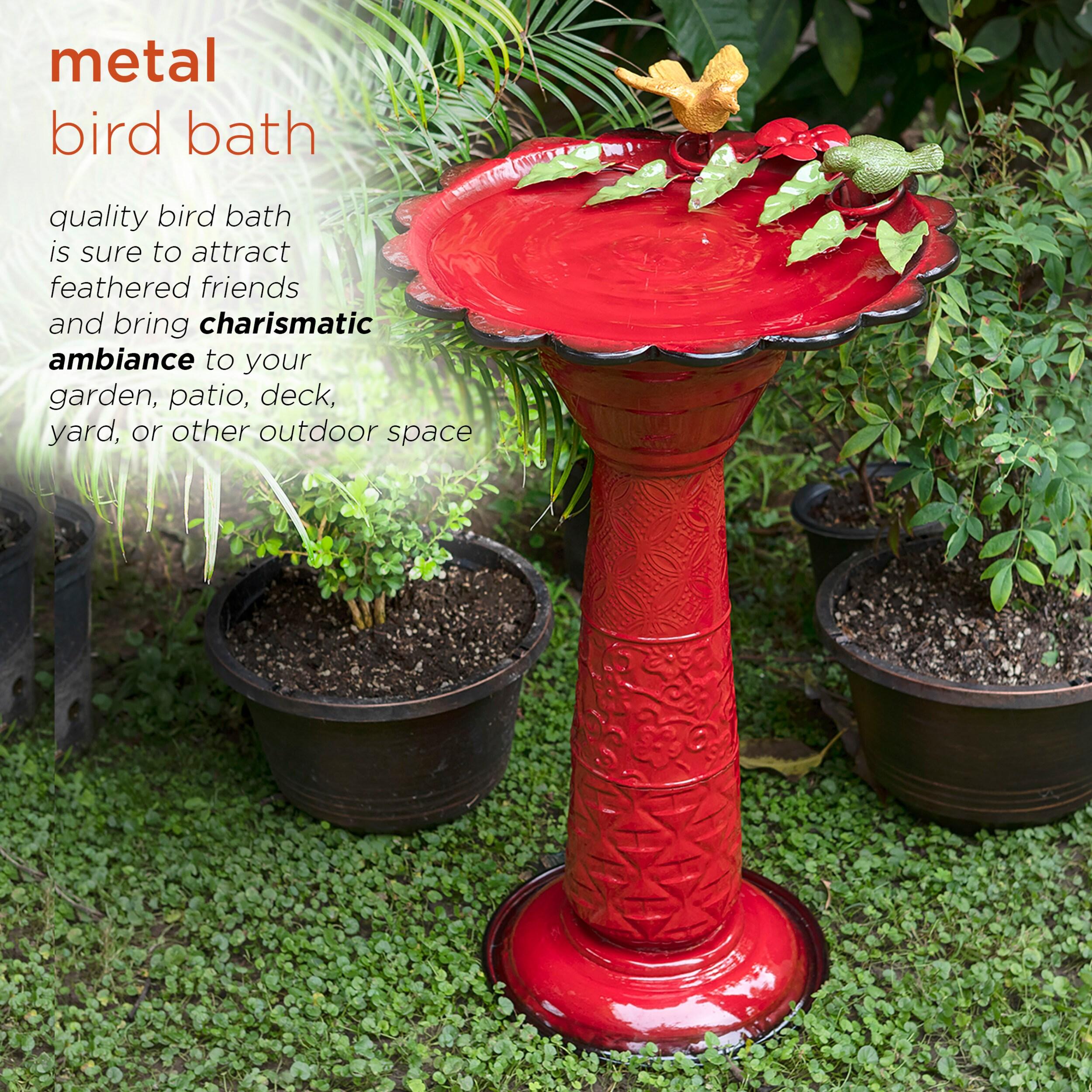 28" Metal Birdbath With Birds And Leaves - Red - Alpine Corporation