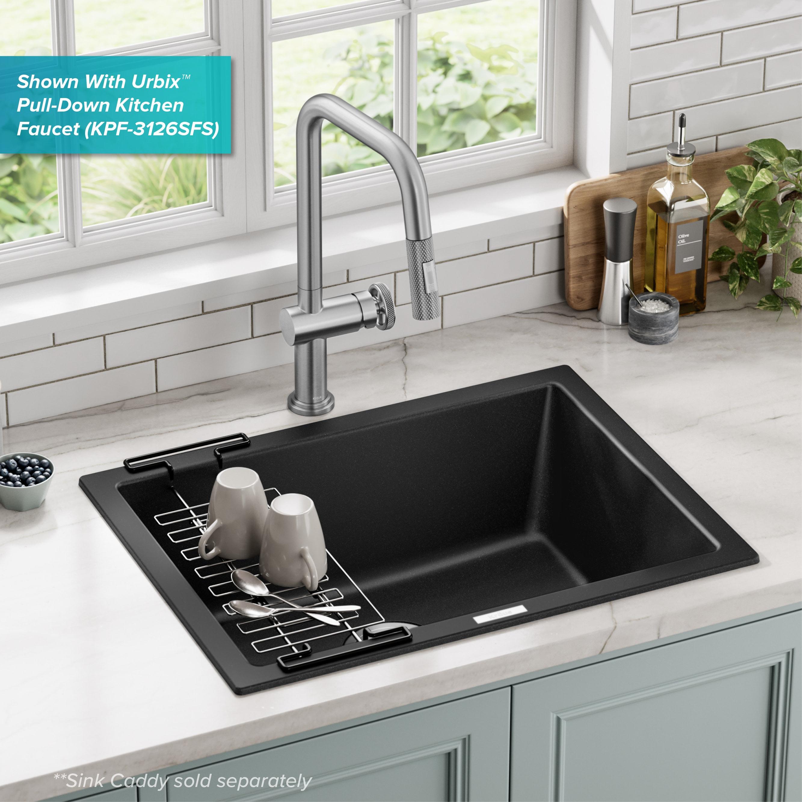 KRAUS 24 inch L Dual Mount Single Bowl Granite Kitchen Sink w/ Topmount and Undermount Installation in Black Onyx