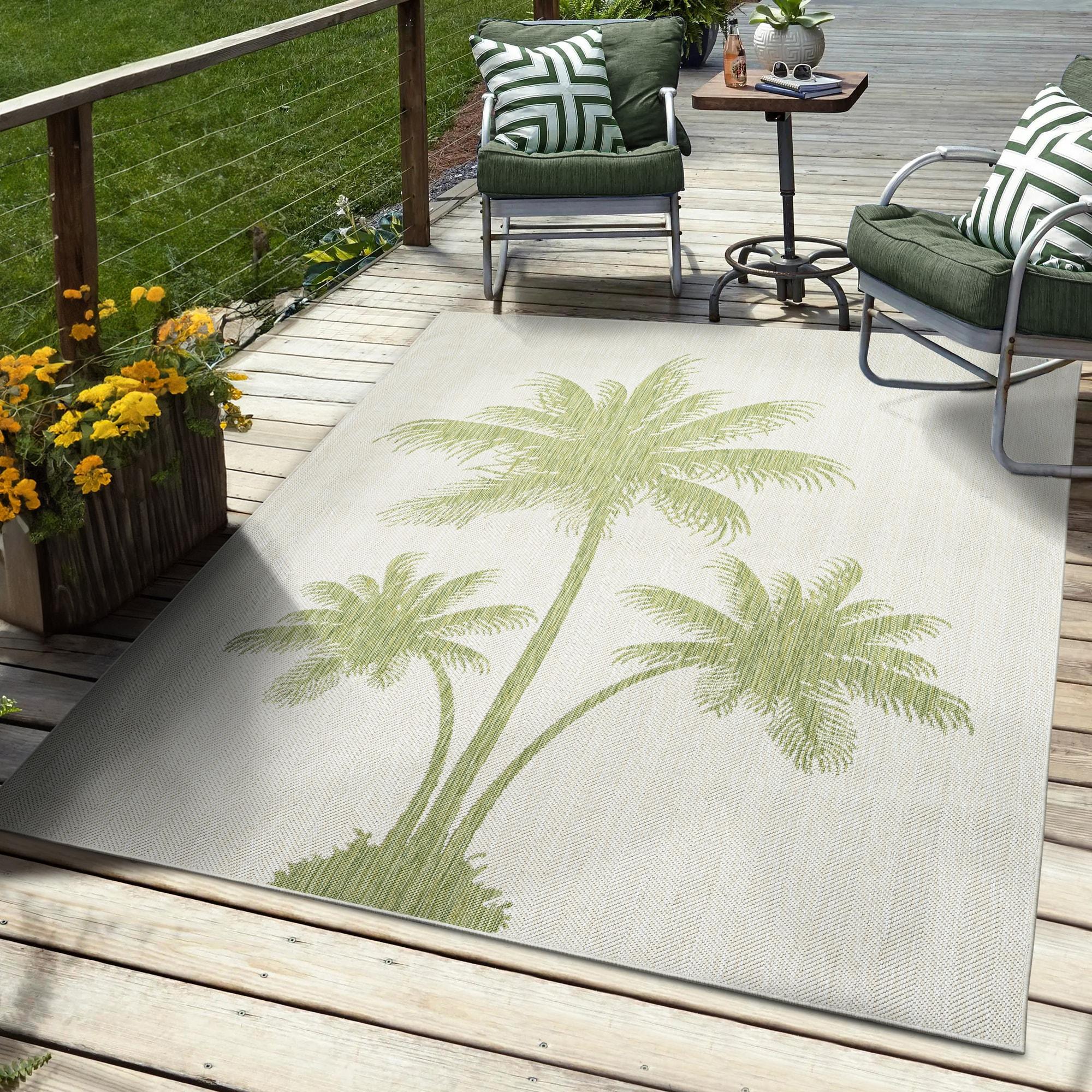 LR Home Camila 5' x 7', Beige/Green Palm Tree Fade, Stain, and Moisture Resistant Indoor/Outdoor Area Rug