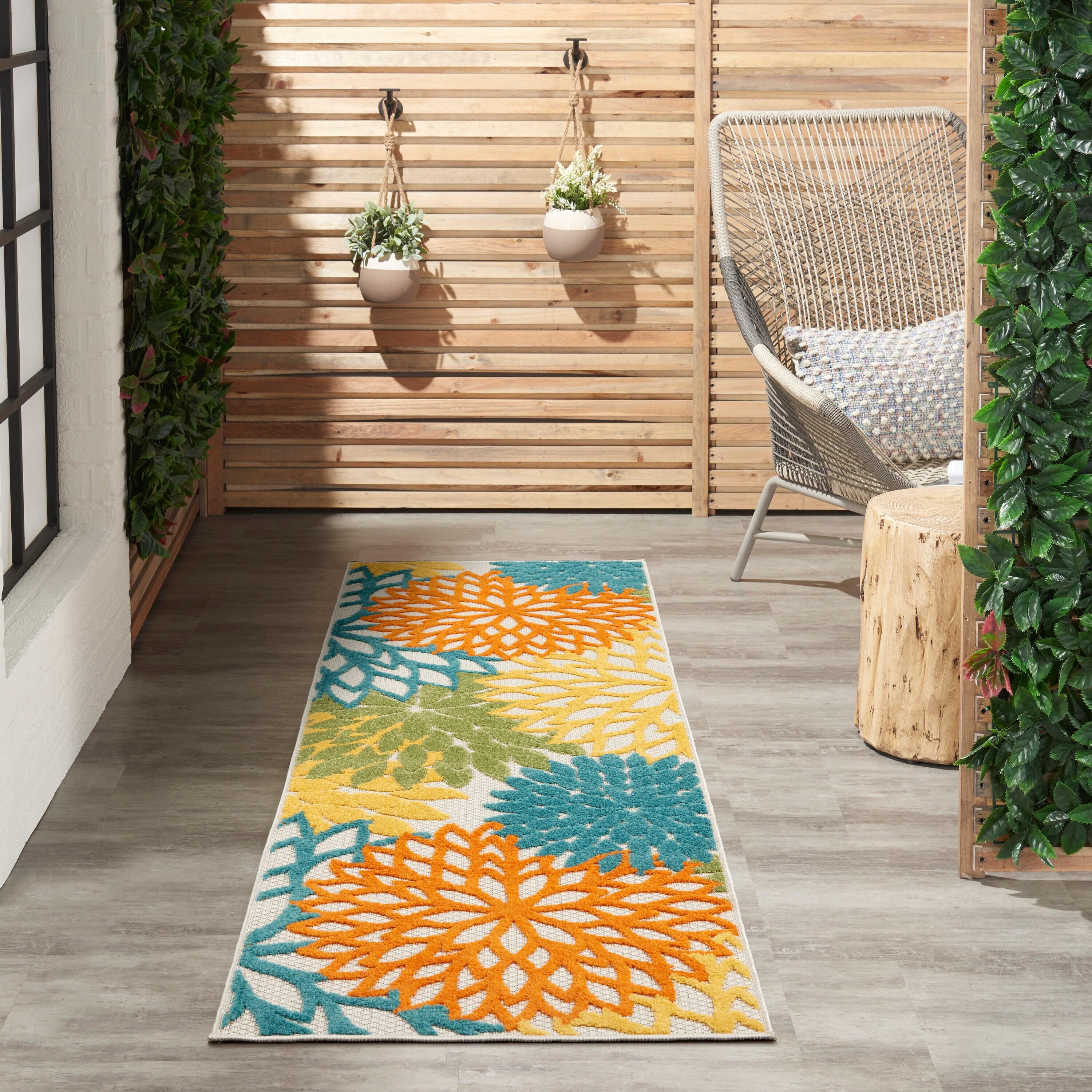 Nourison Aloha Floral Bloom Flatweave High-Low Indoor Outdoor Runner Rug Turquoise Multicolor 2' x 6'