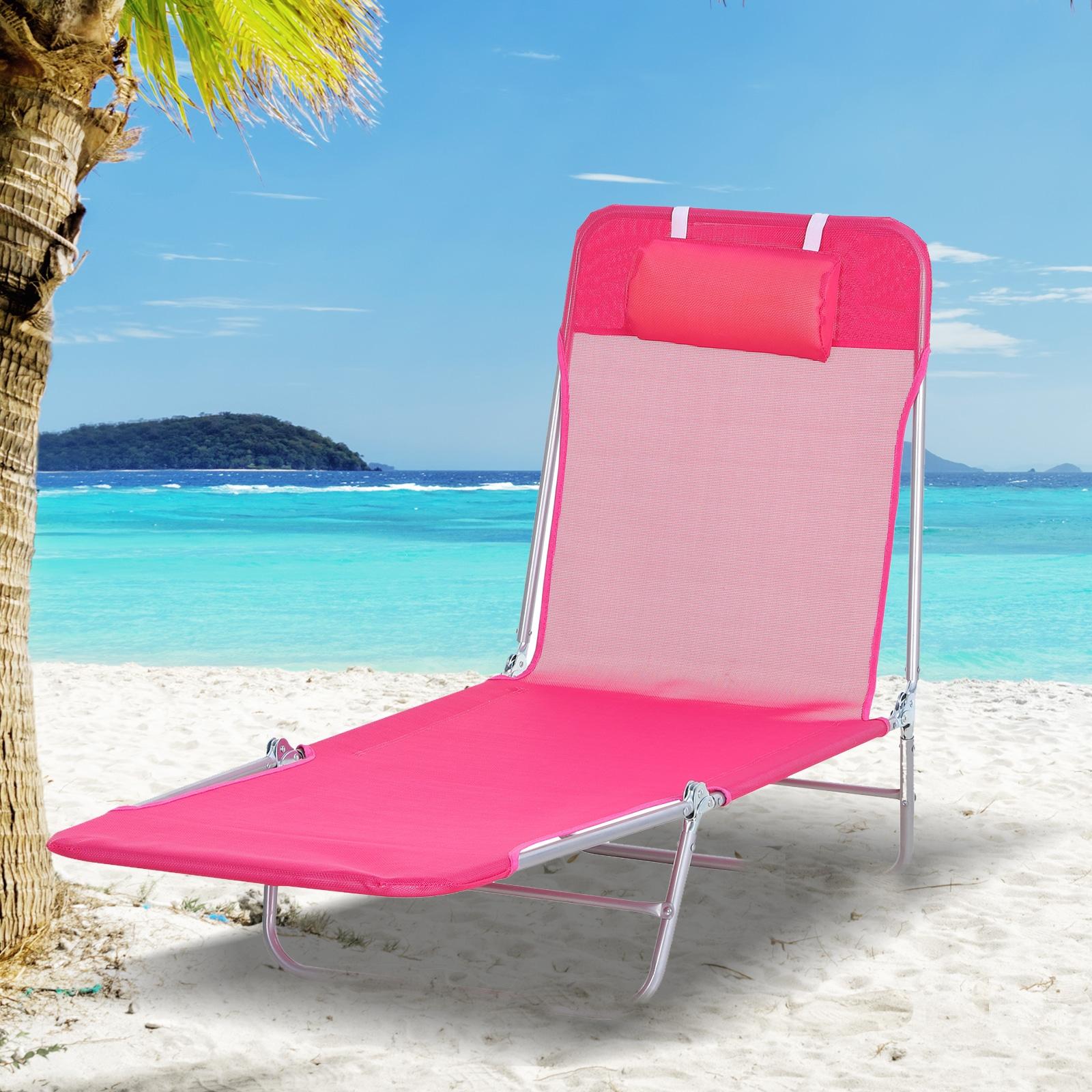 Outsunny Foldable Outdoor Chaise Lounge Chair, 5-Level Reclining Camping Tanning Chair with Breathable Mesh Fabric and Headrest, Pink