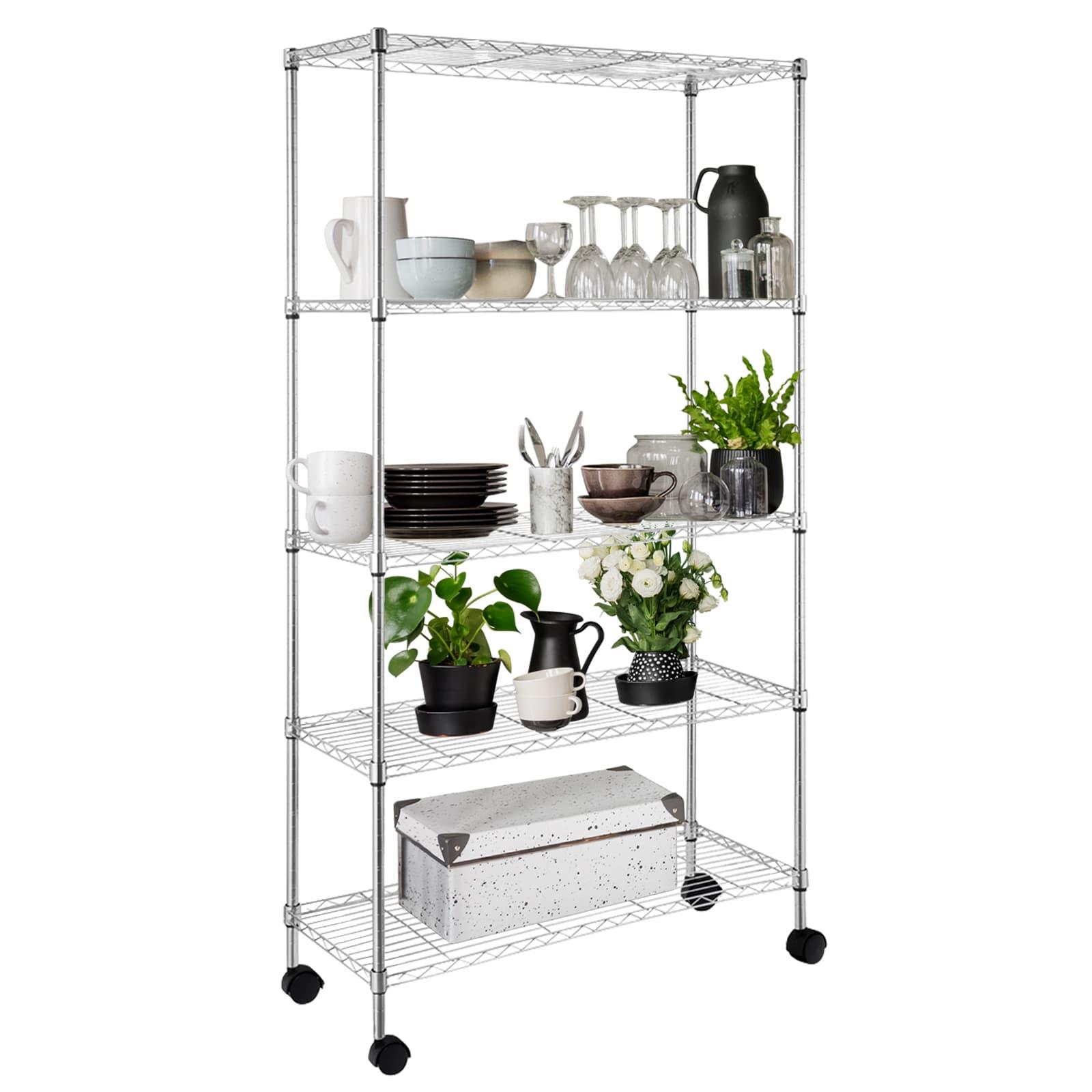 Ktaxon Commercial 5 Tier Storage Rack, Adjustable Rolling Metal Garage Shelving Chrome, 35''L x 14''W x 65''H, Capacity for 1000lbs